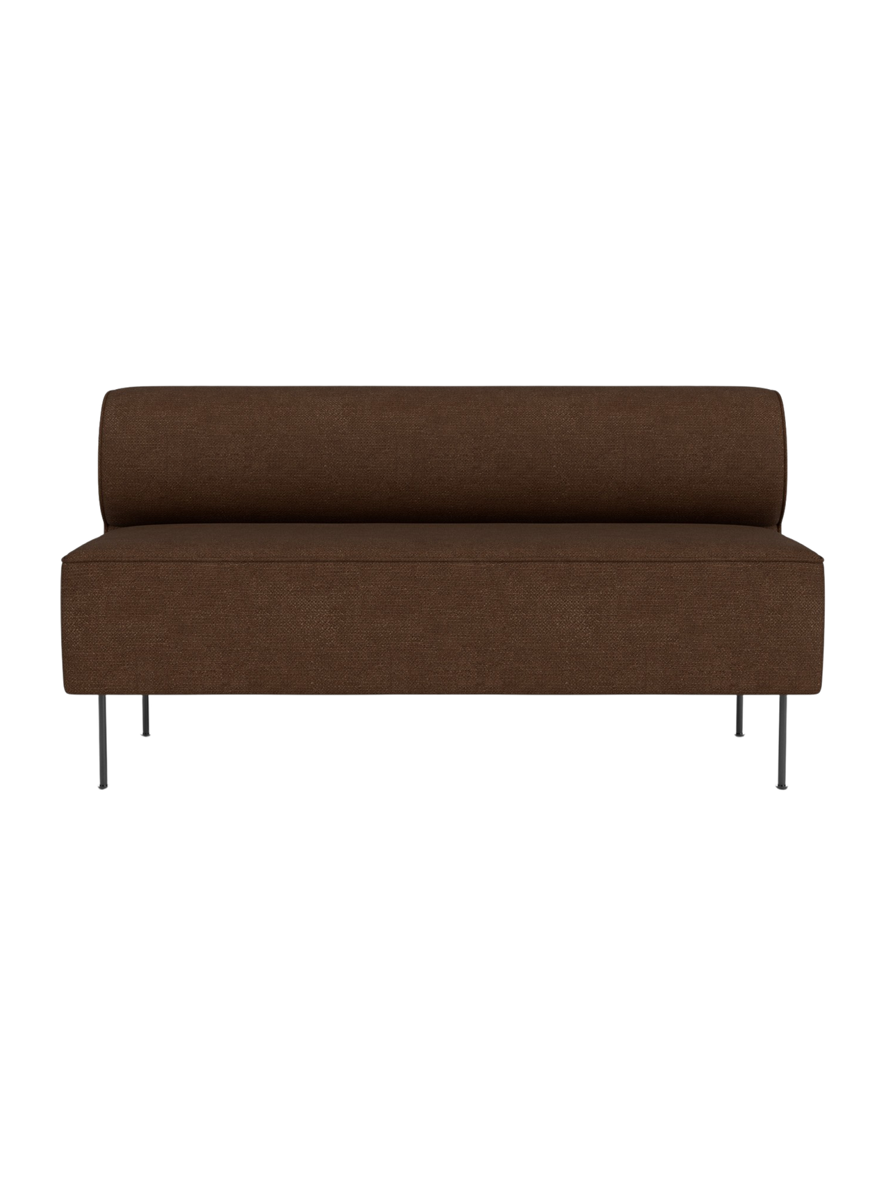 Front view of the Eave Dining Sofa in a textured brown fabric. The minimalist sofa has a low backrest and slender metal legs.