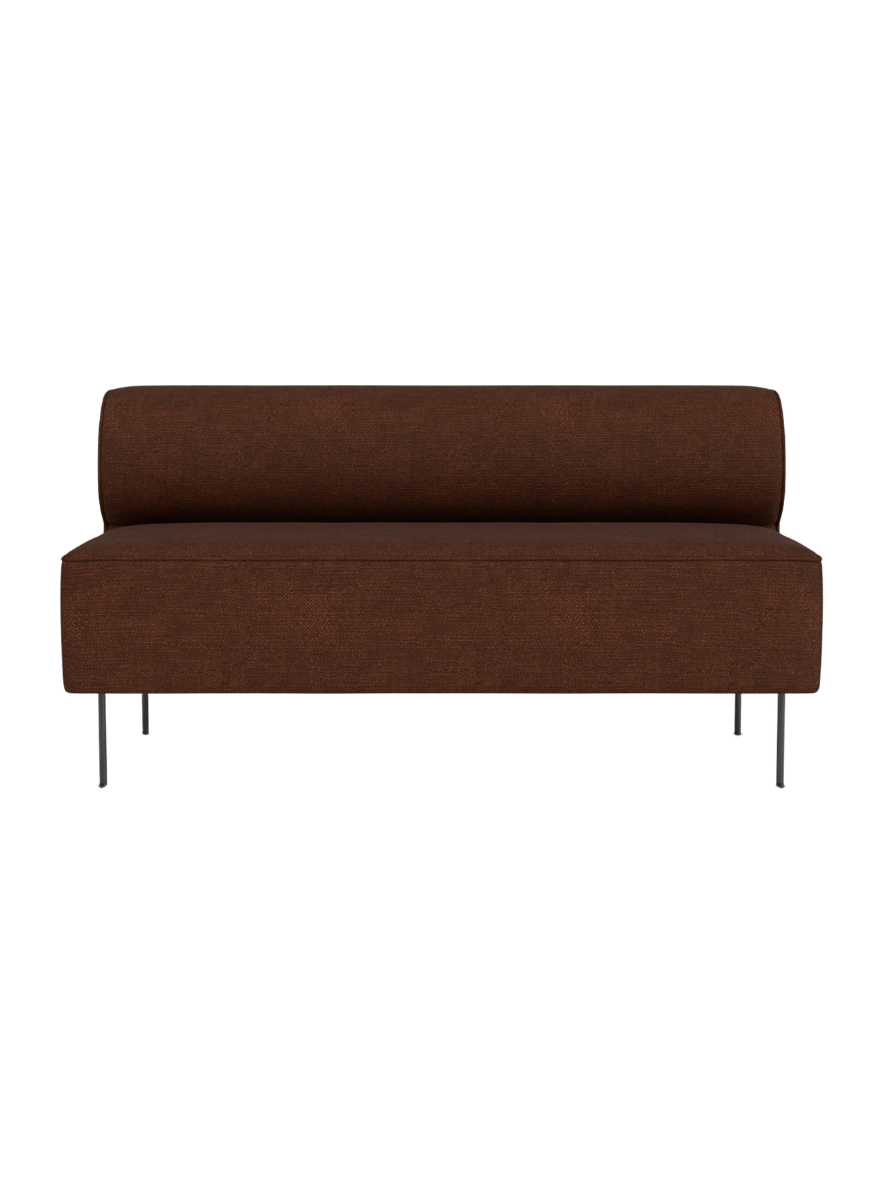 A front-on view of the Eave Dining Sofa, an open-section module. It is upholstered in brown fabric and has thin metal legs.