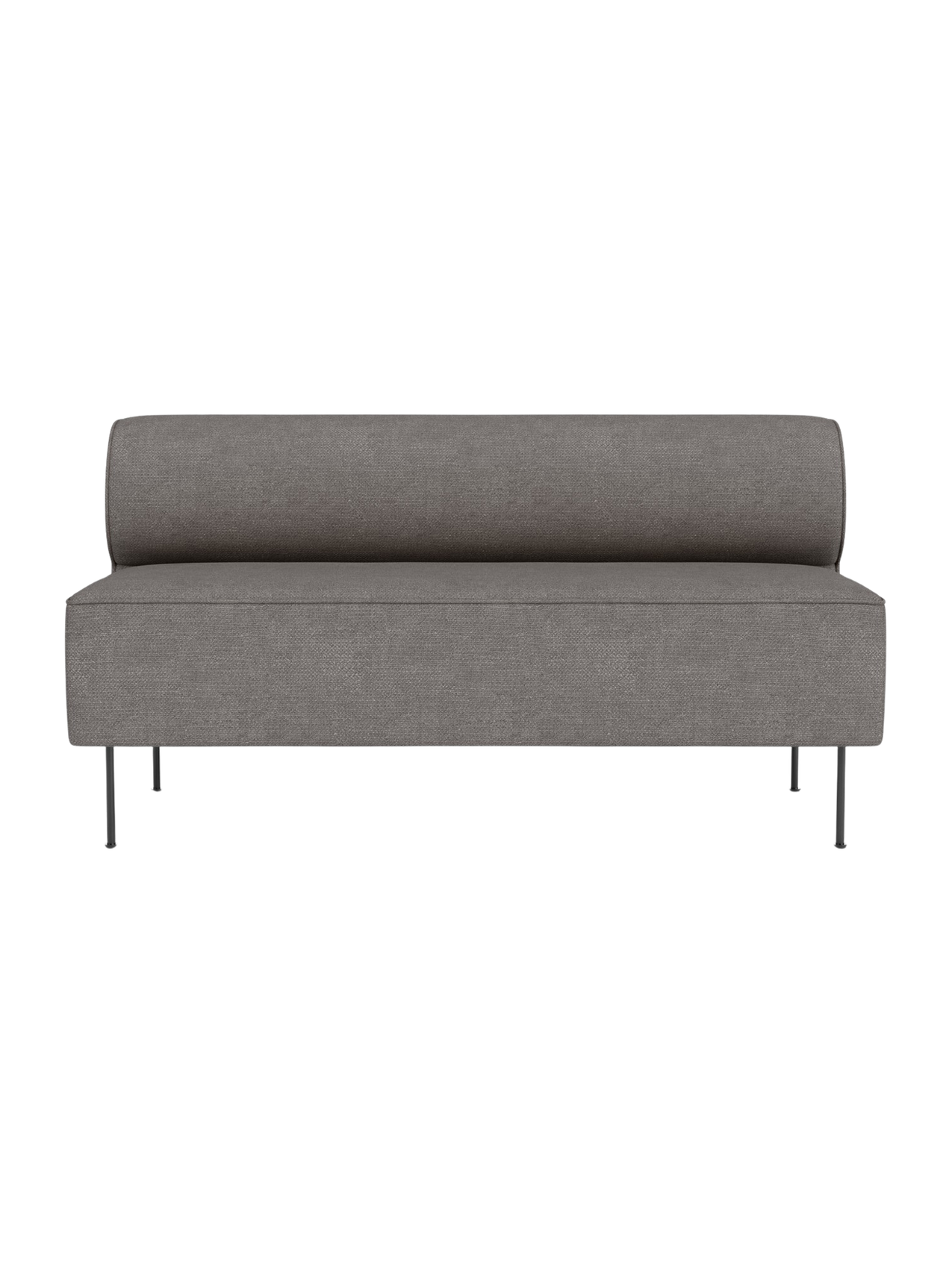 Front view of the Eave Dining Sofa upholstered in grey Audo Bouclé fabric, featuring a rounded backrest and slim metal legs.