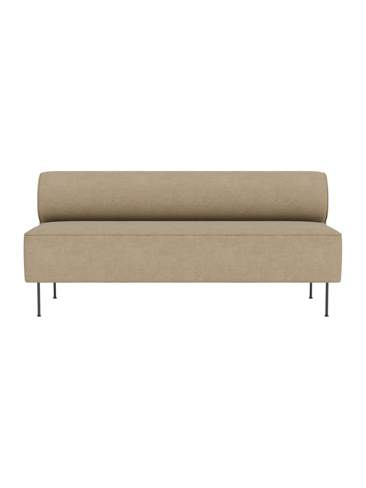 Front view of the Eave Dining Sofa in a light brown fabric. The sofa has a minimalist design with a cylindrical backrest.