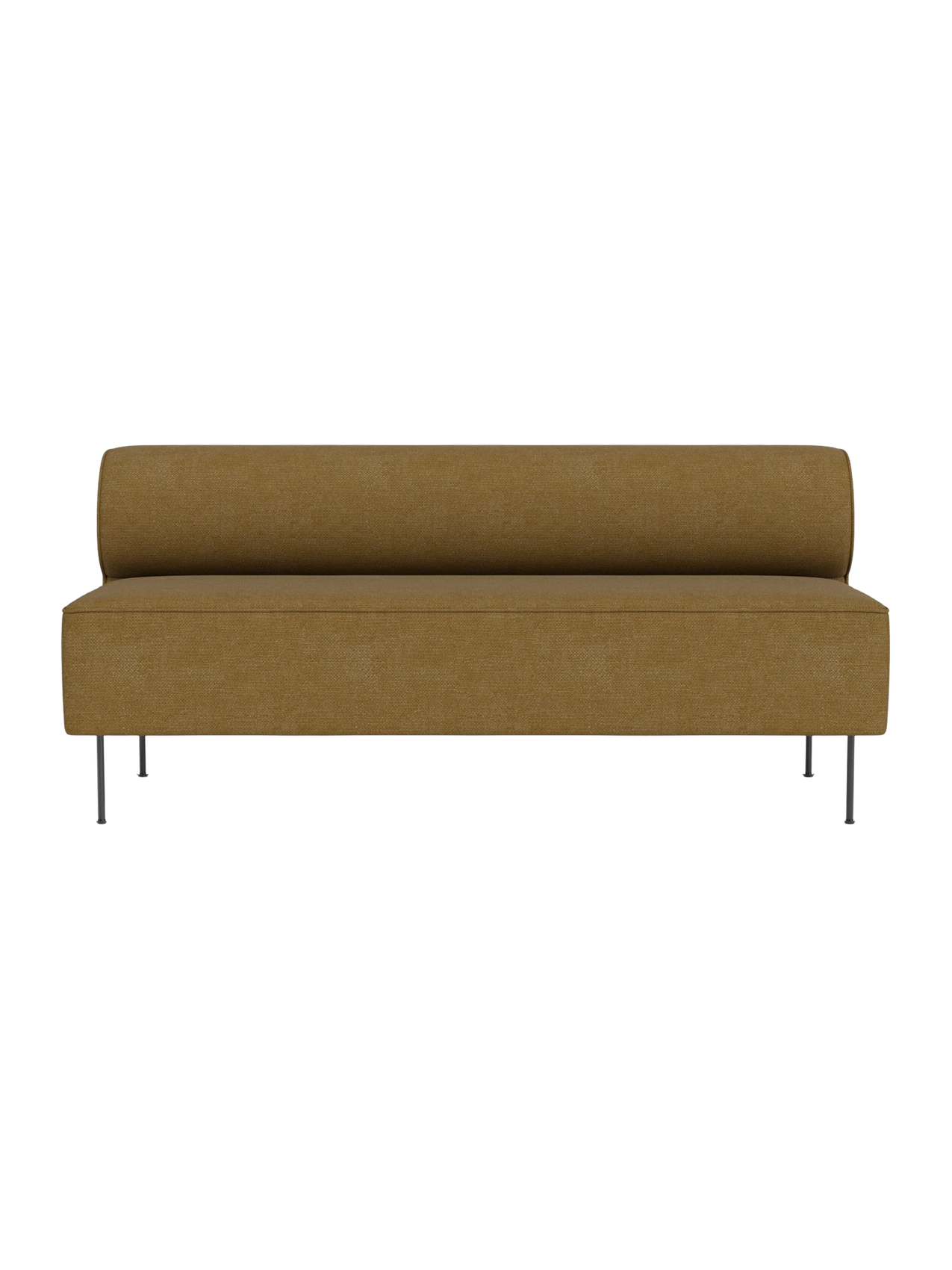 A front view of the Eave Dining Sofa, upholstered in a mustard-yellow textured fabric on slender metal legs.