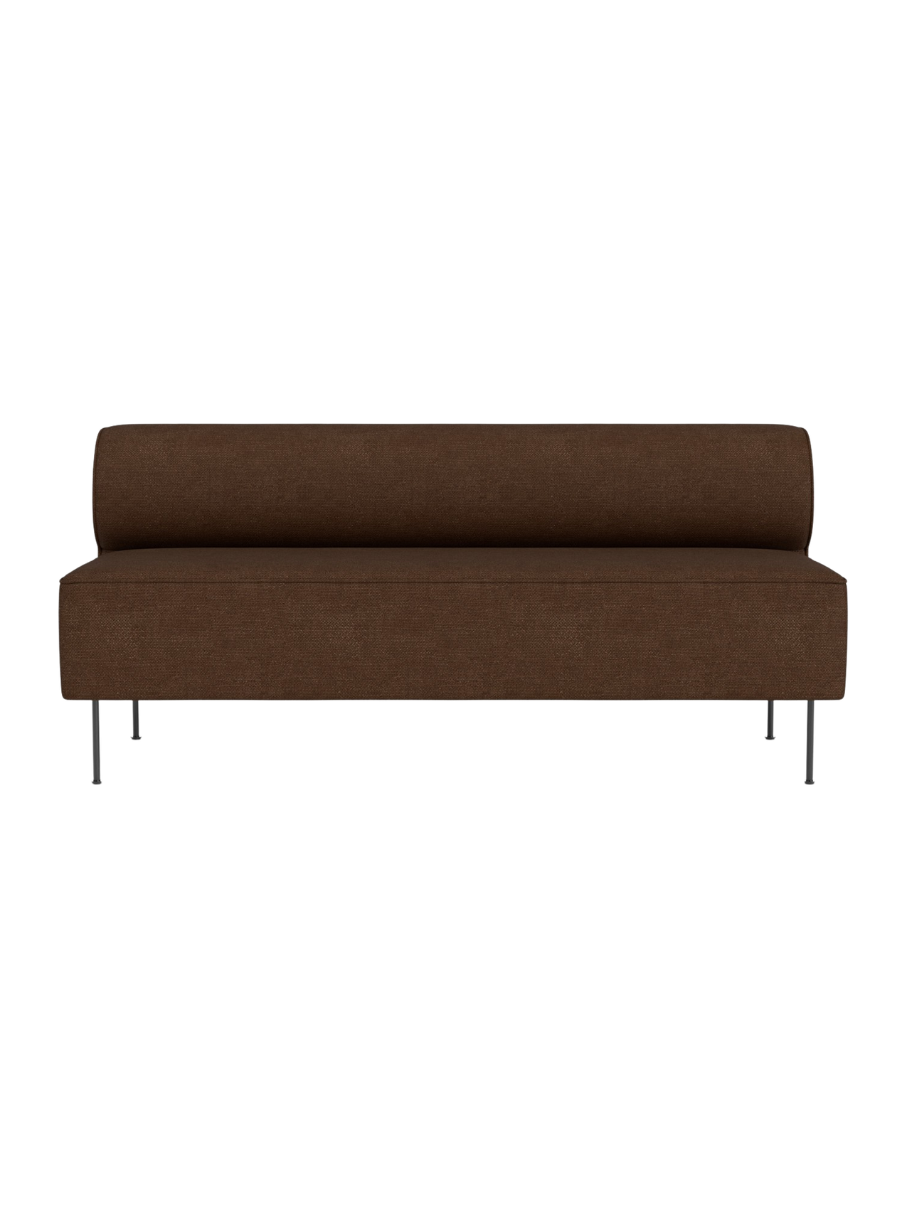 Front view of the Eave Dining Sofa in a brown textured fabric, a minimalist design with a low back and slim metal legs.
