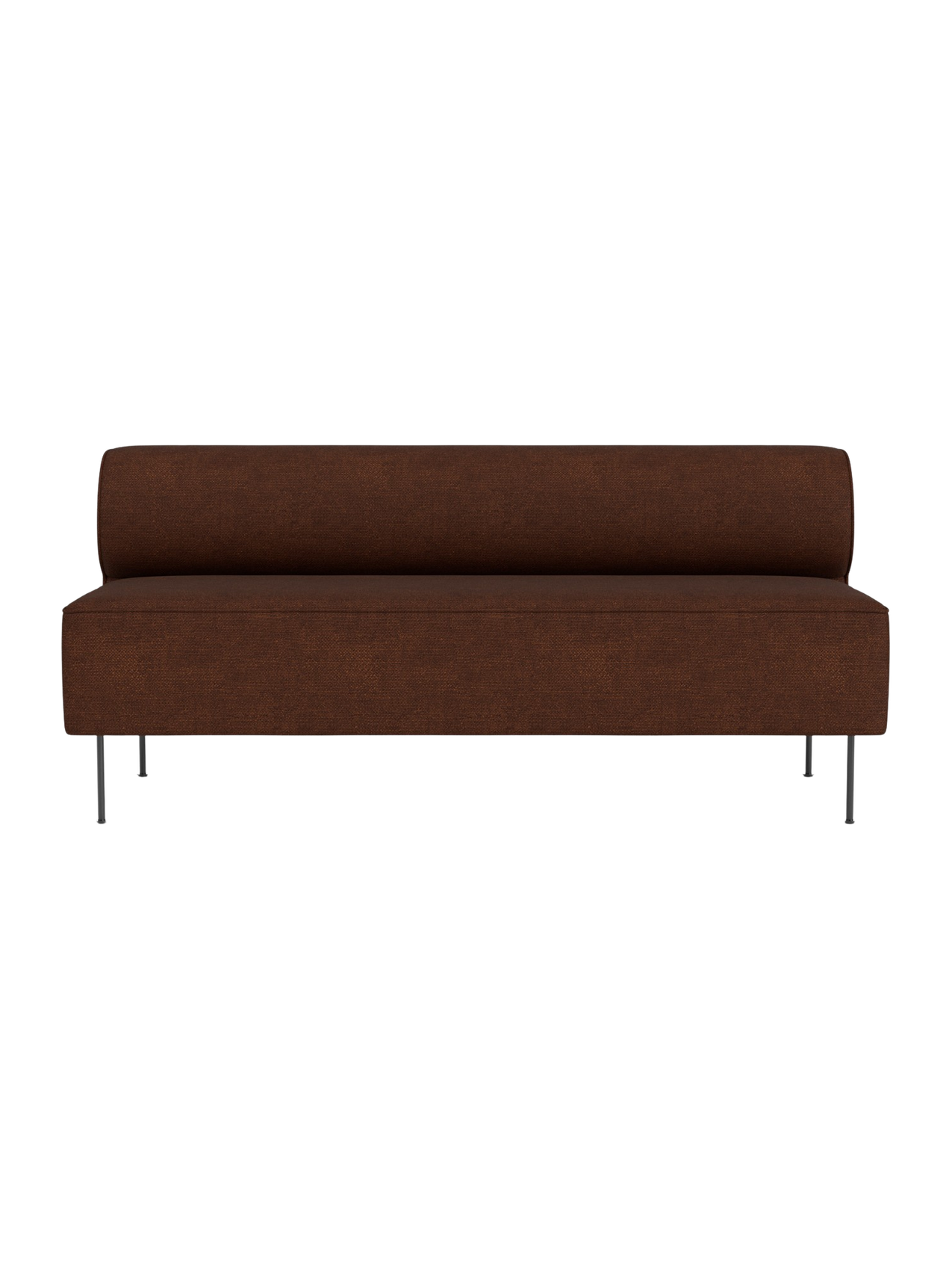 Front view of the Eave Dining Sofa in textured brown fabric, with a long seat and backrest on slender metal legs.