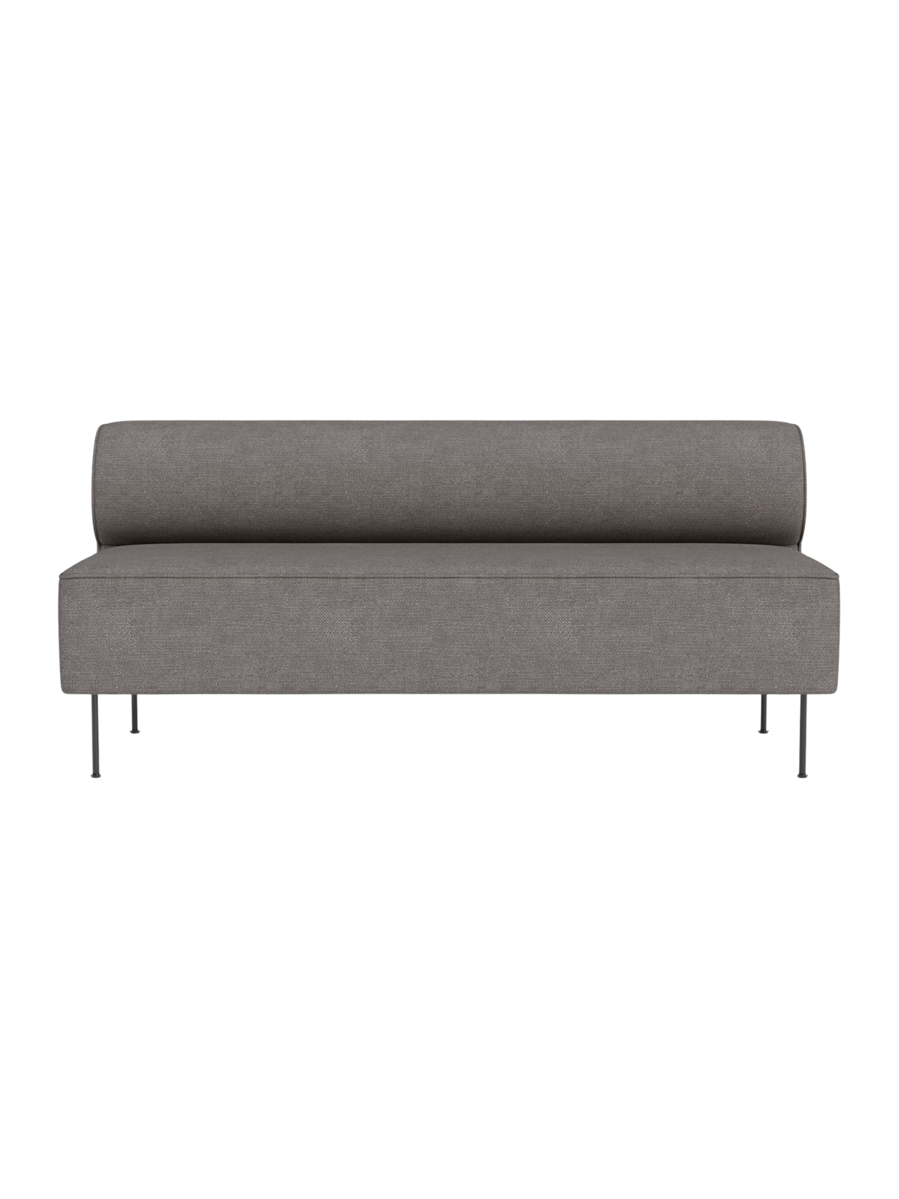 Front view of the minimalist Eave Dining Sofa in Audo Bouclé 16, with a rounded backrest and slender metal legs.