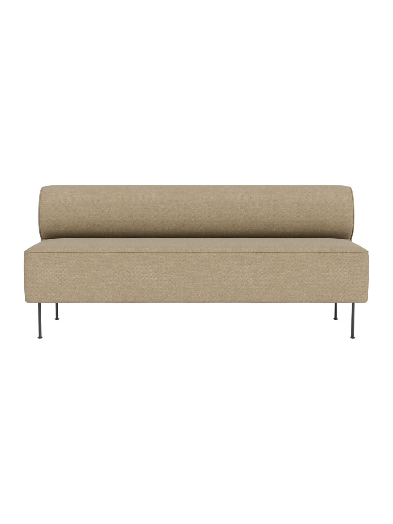 Front view of the Eave Dining Sofa in light beige Audo Bouclé 02 fabric, featuring a bolster back and slim metal legs.