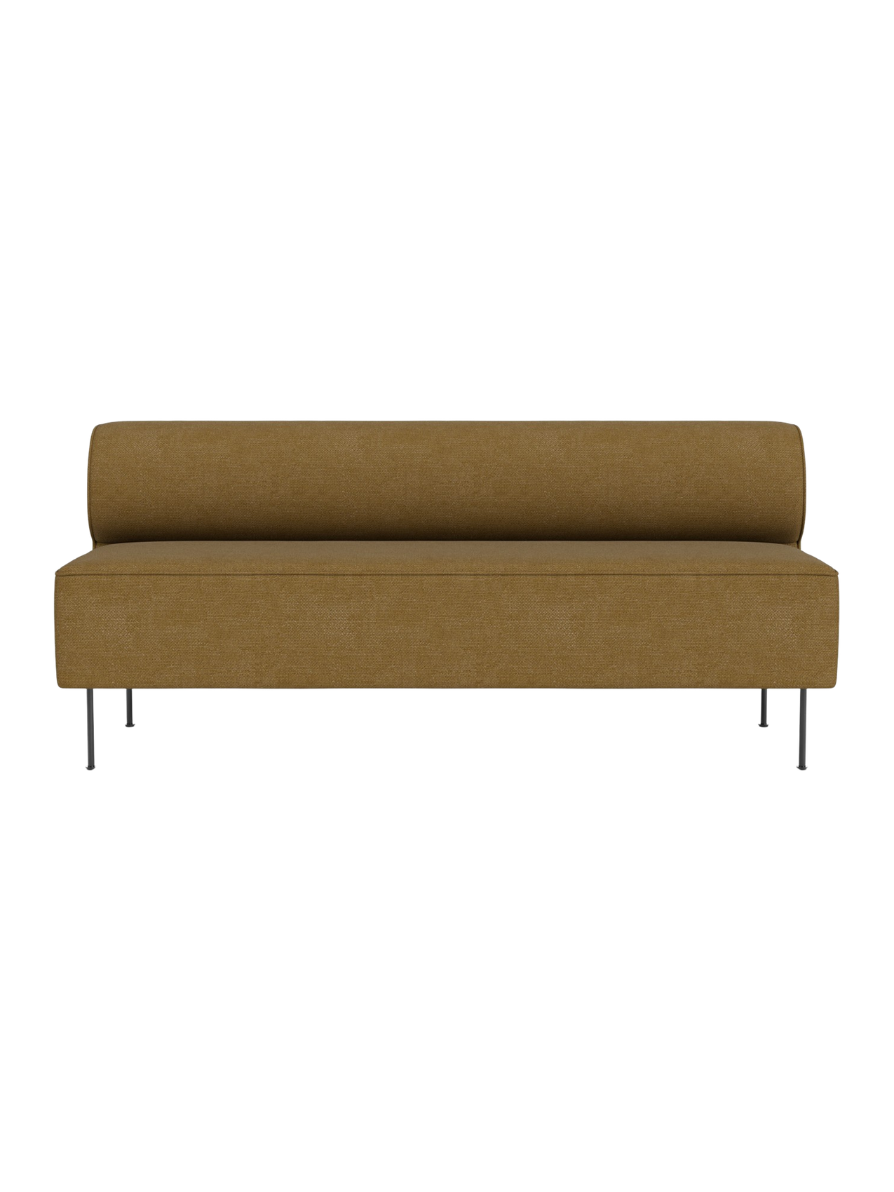 Front view of the Eave Dining Sofa in a mustard-coloured fabric, featuring a long seat, low back, and slender metal legs.