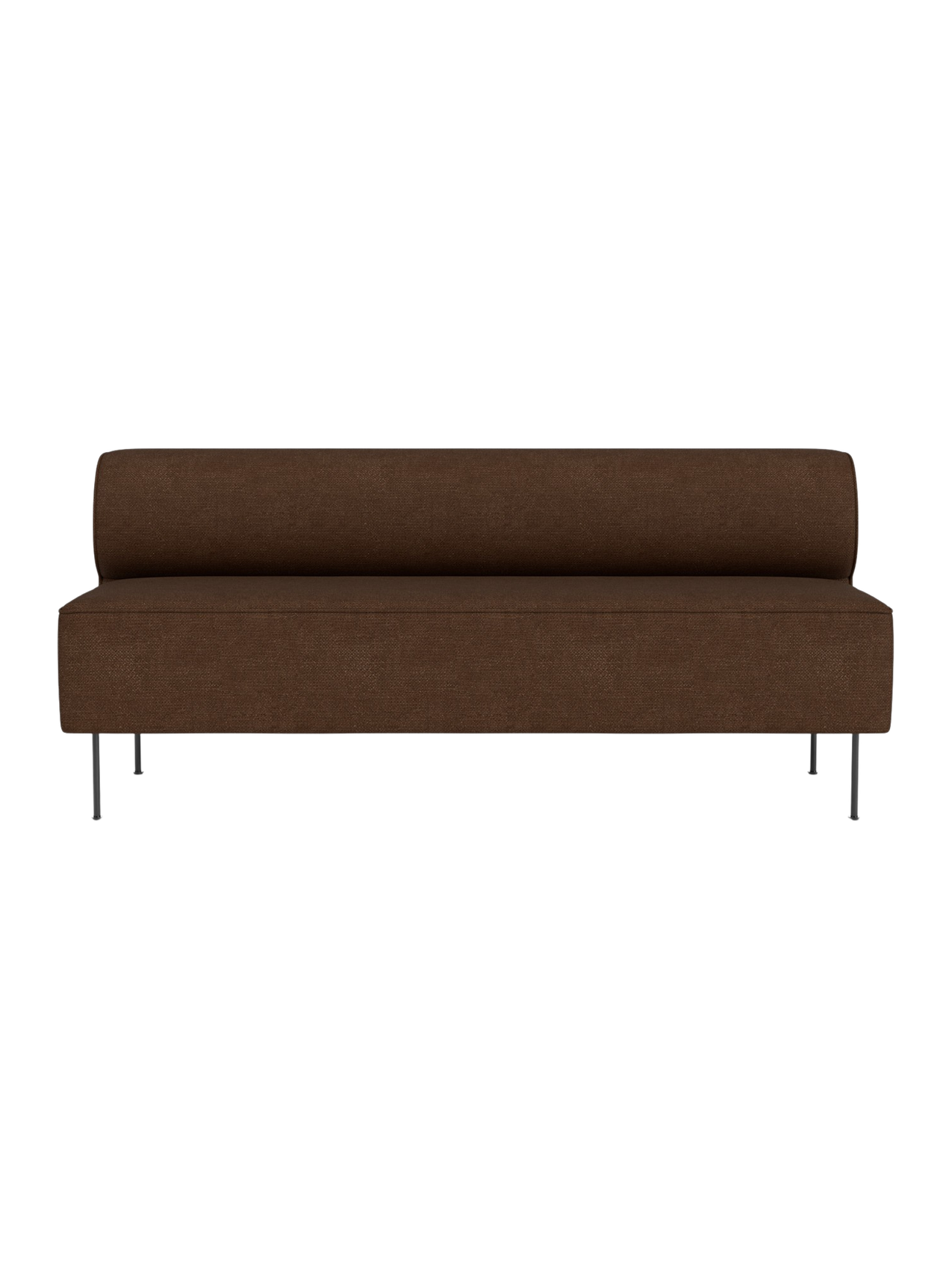 Front view of the Eave Dining Sofa, an open section module, in brown textured fabric with a low back and slim metal legs.