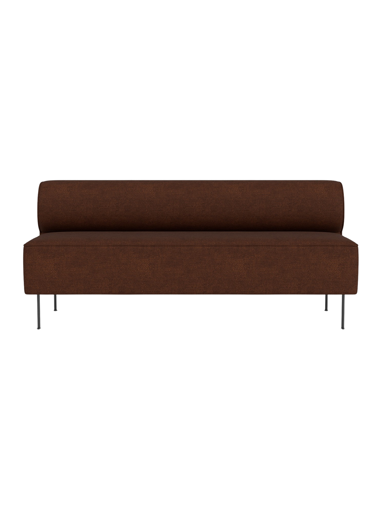Front view of the Eave Dining Sofa, an open section module upholstered in a textured brown fabric with slender metal legs.