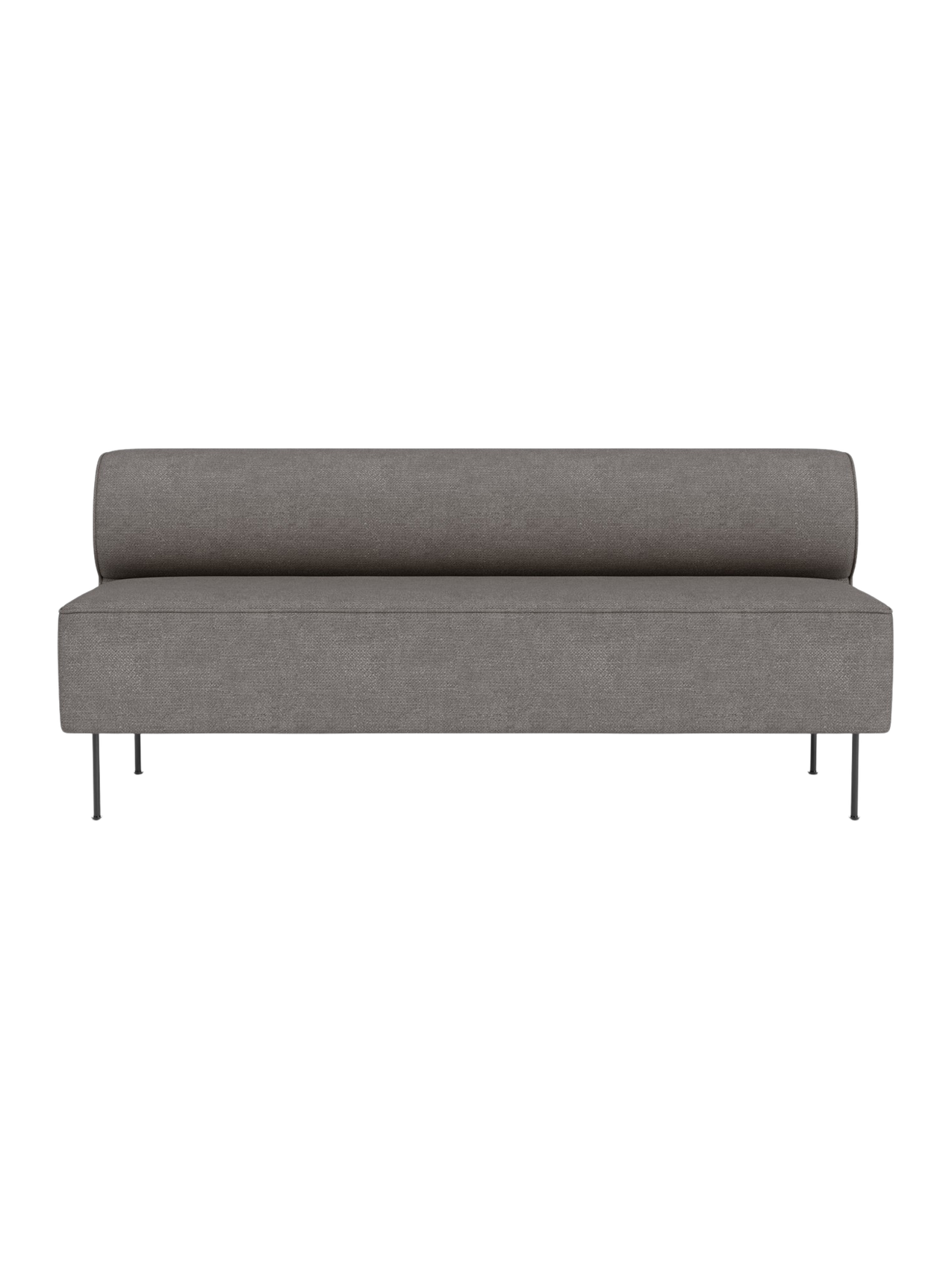 Front view of the Eave Dining Sofa in Audo Bouclé 16, a light grey textured fabric, showing its low back and slim metal legs.