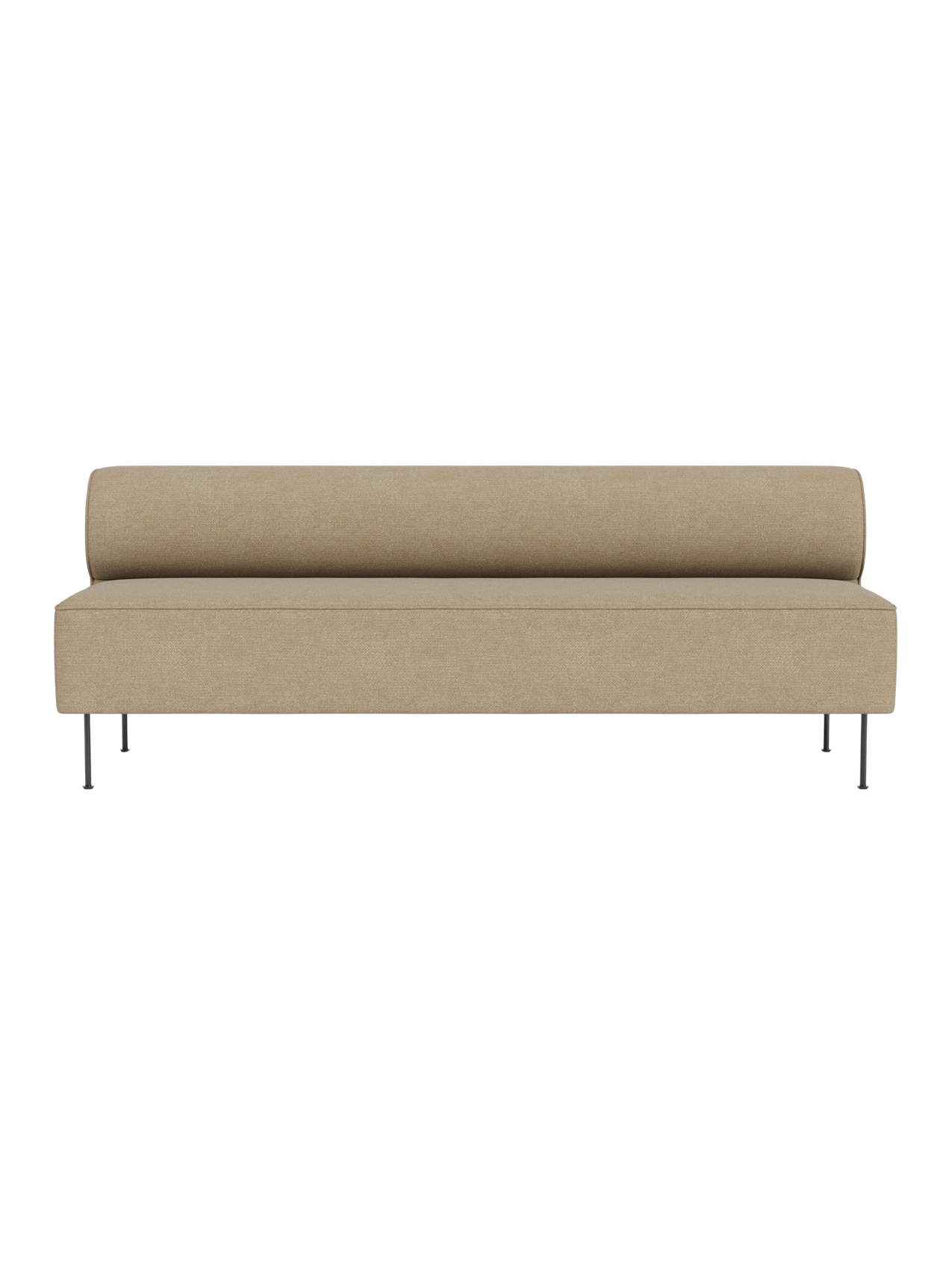 Front view of the Eave Dining Sofa in Audo Bouclé 02. The minimalist sofa has a low, rounded back and slim metal legs.