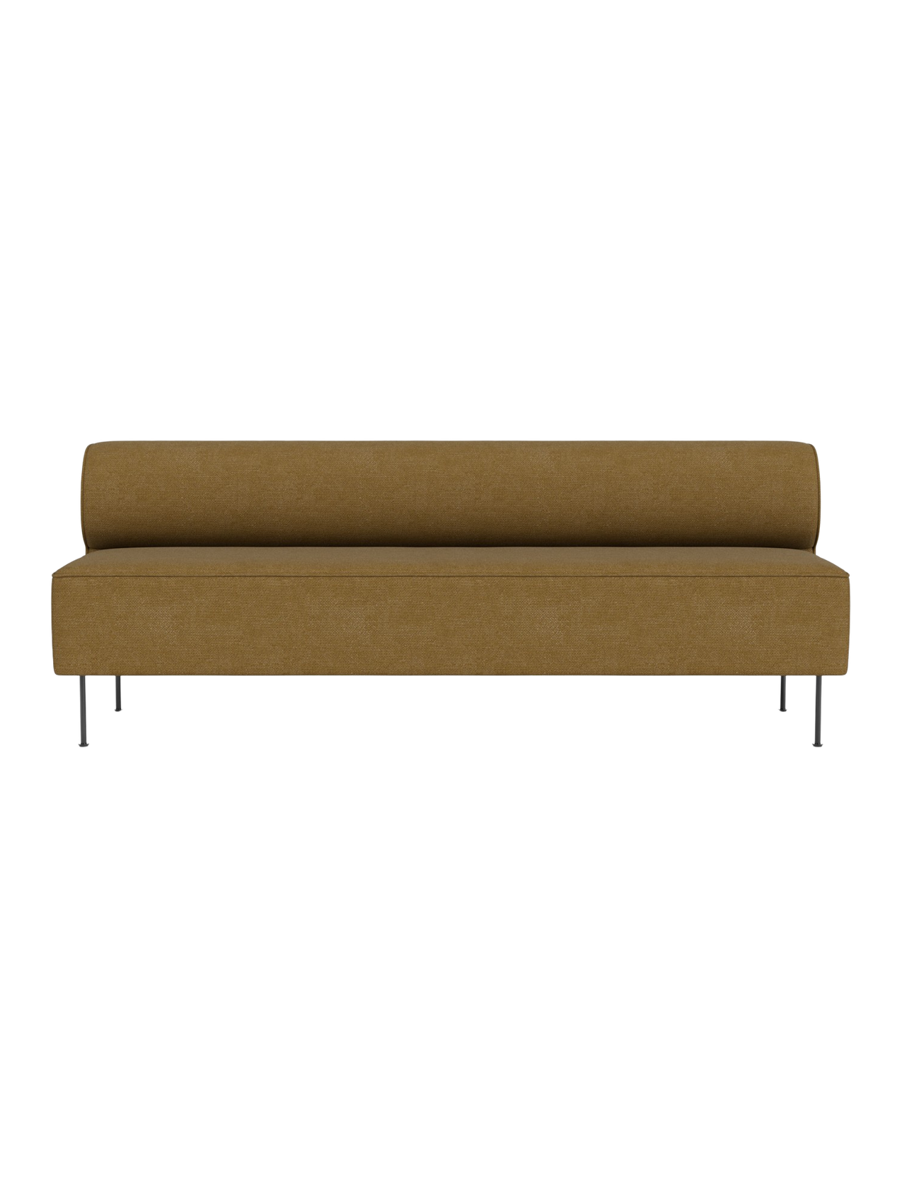 Front view of the Eave Dining Sofa. The long, armless sofa has mustard-coloured upholstery and stands on slim, metal legs.