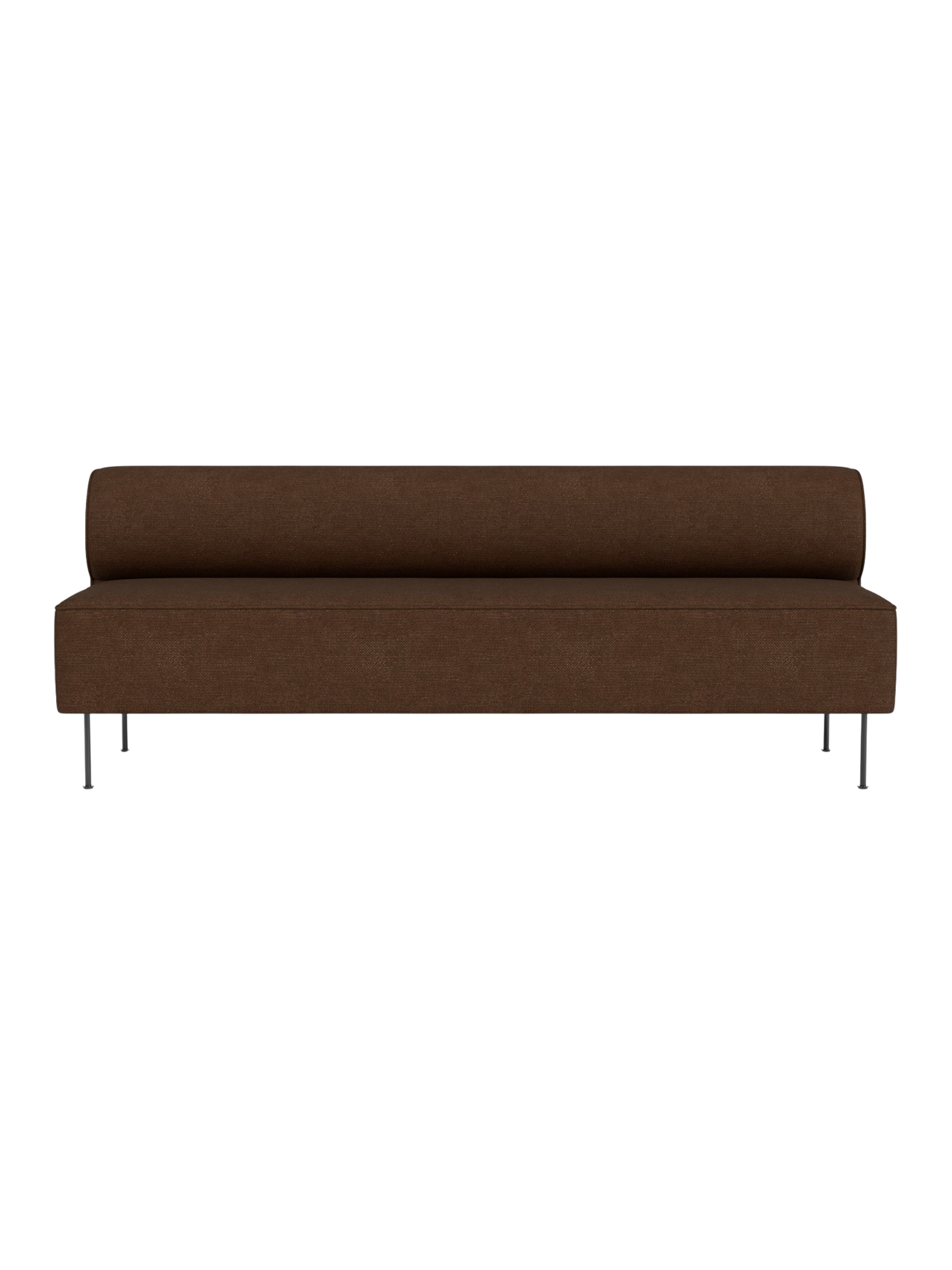 Front view of Eave Dining Sofa, Open section module, in brown upholstery with slender metal legs against a black background.