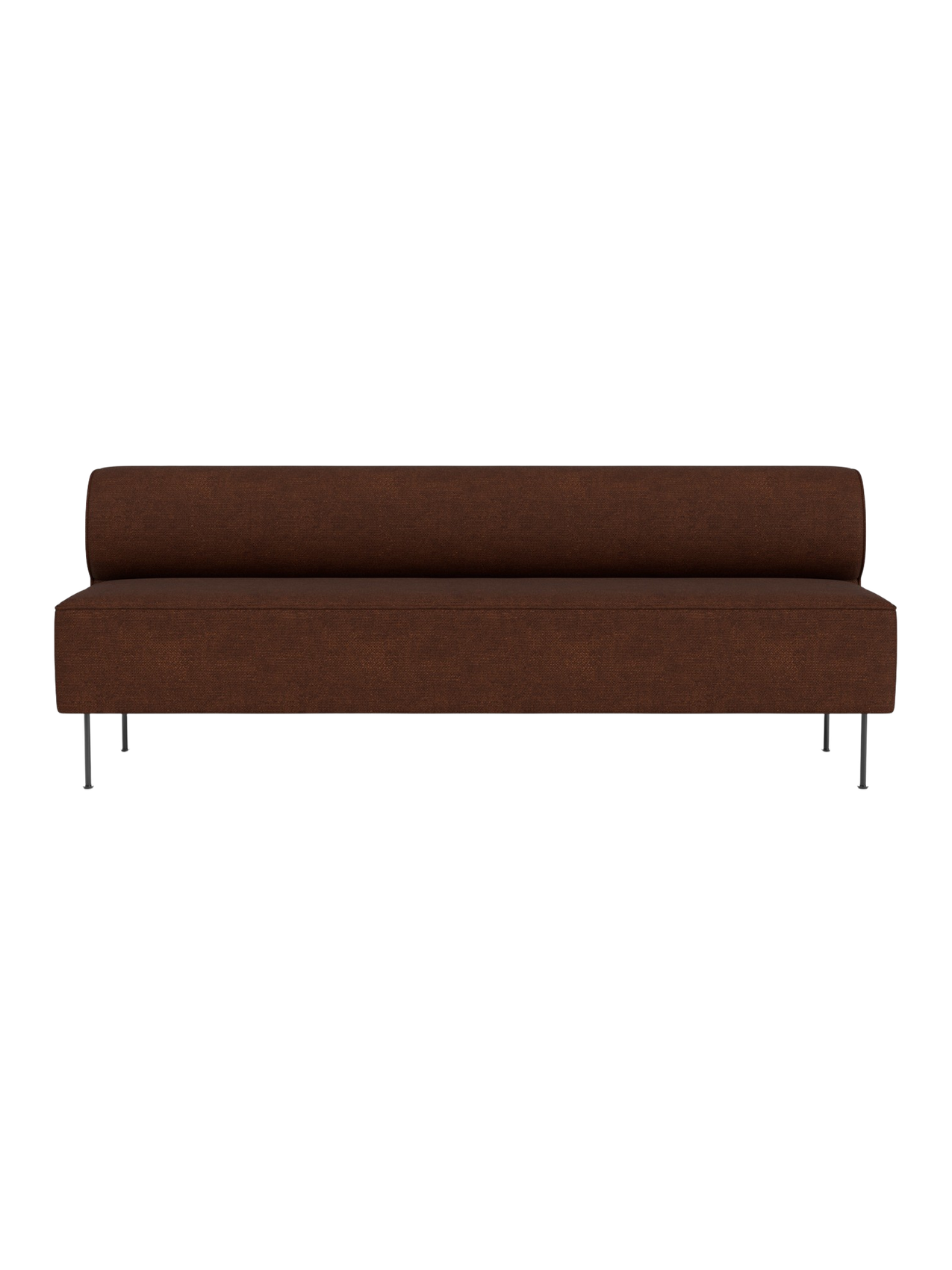 A front view of the Eave Dining Sofa. The long, armless sofa has dark brown upholstery and stands on slender metal legs.