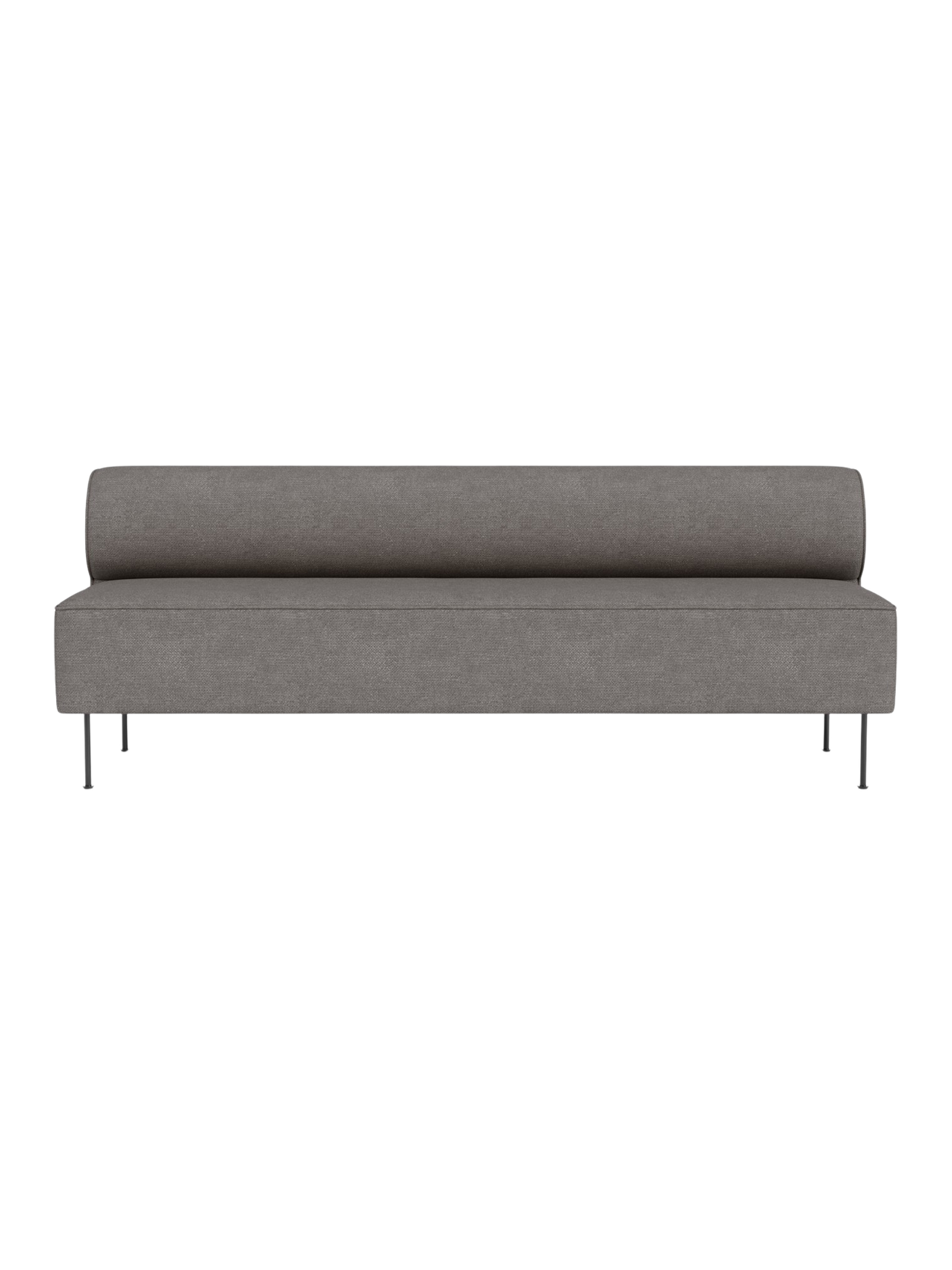 A front view of the Eave Dining Sofa, open section module, in a textured grey Audo Bouclé 16 fabric on slim metal legs.
