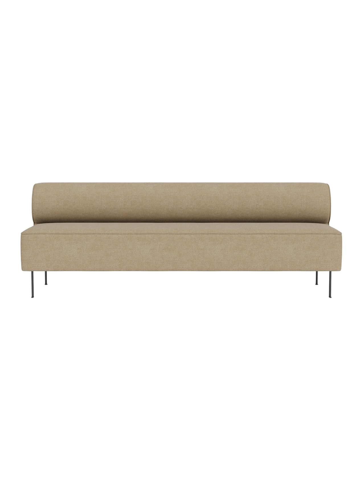 Front view of the Eave Dining Sofa in light beige Audo Bouclé 02. The armless sofa has a low back and slender metal legs.
