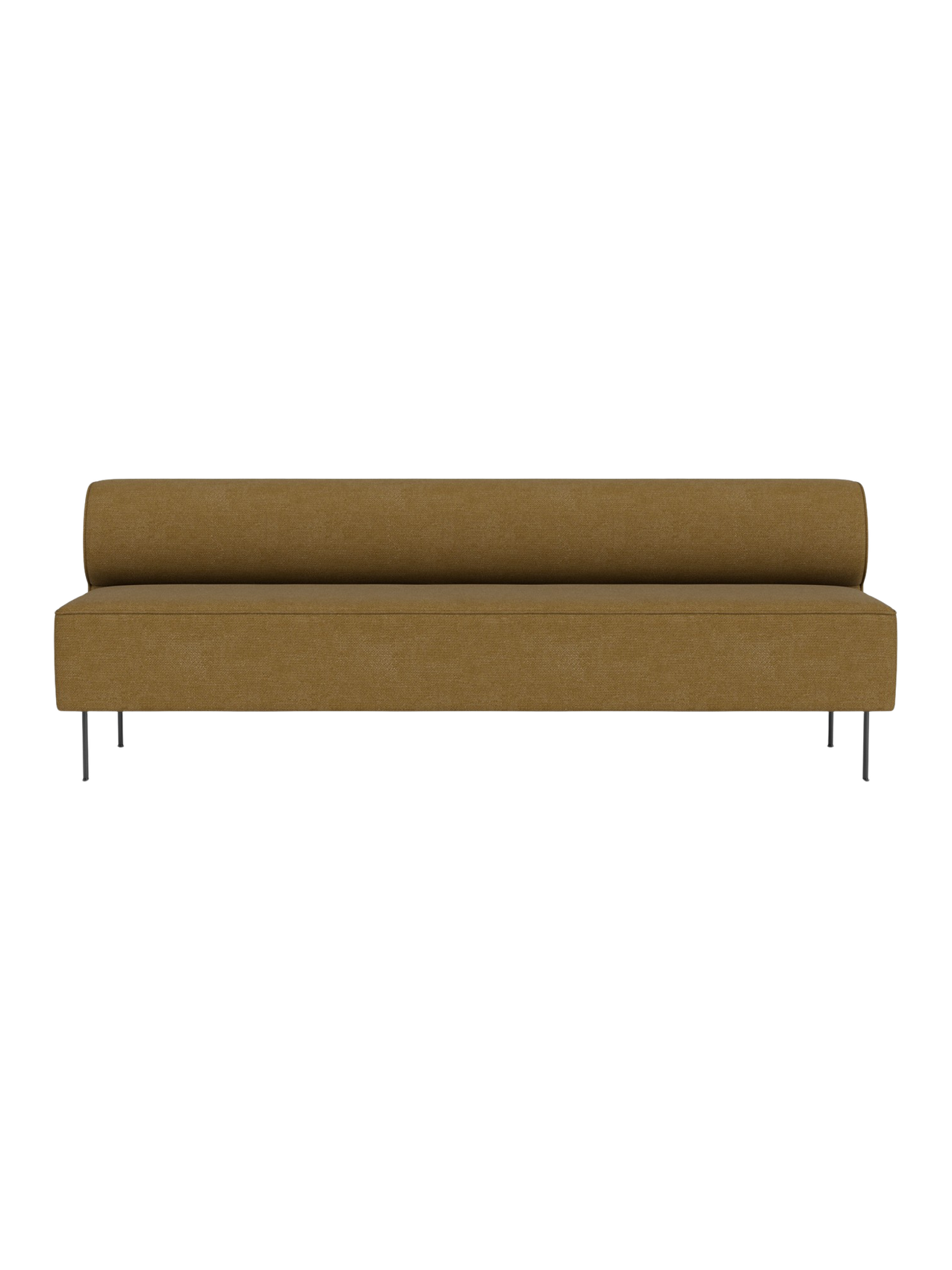 A front view of the Eave Dining Sofa, upholstered in a mustard-brown fabric with a low backrest and slender metal legs.