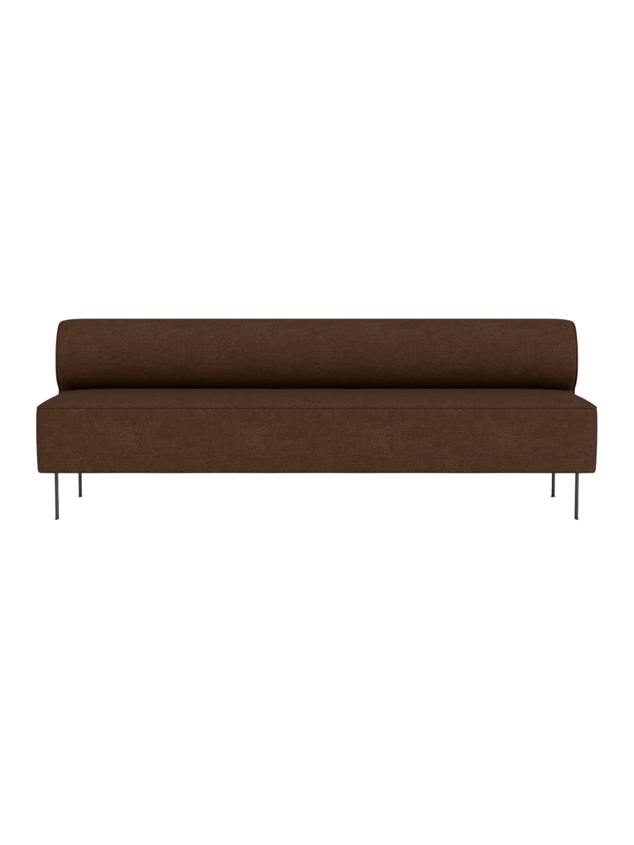 Front view of the Eave Dining Sofa, an armless banquette in brown textured fabric with a low back and thin metal legs.