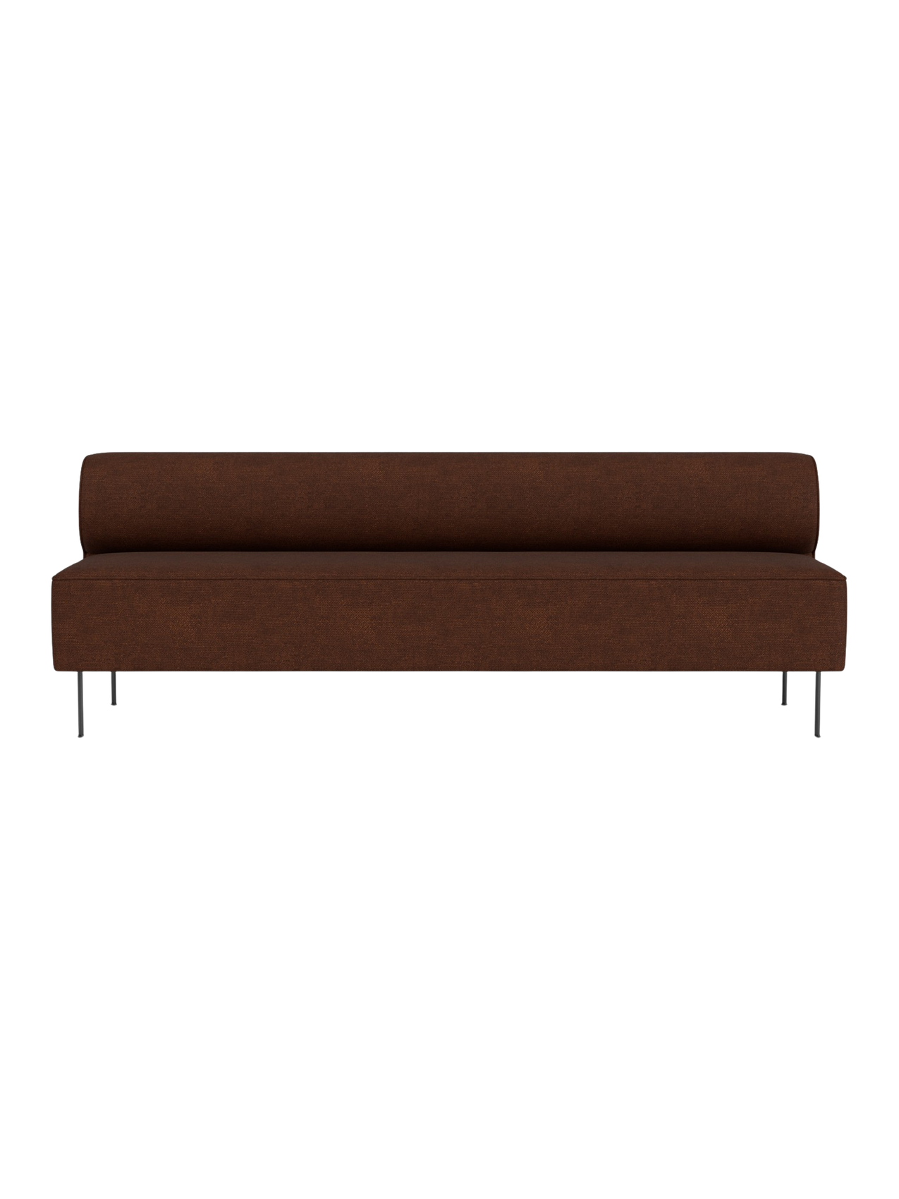 Front view of the Eave Dining Sofa. The long, armless sofa is upholstered in a textured brown fabric and has thin metal legs.
