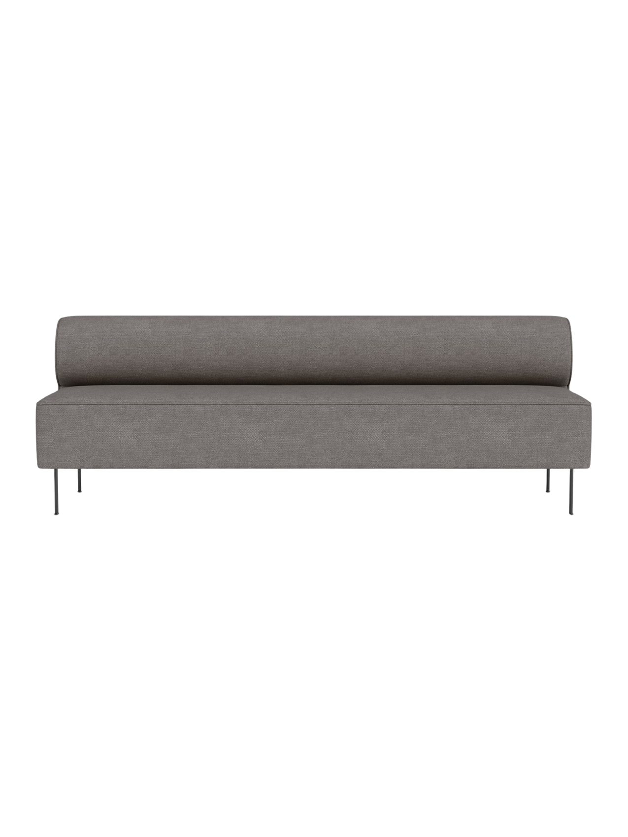 Front view of the Eave Dining Sofa in grey Audo Bouclé 16 fabric, showing its long, armless design and thin metal legs.