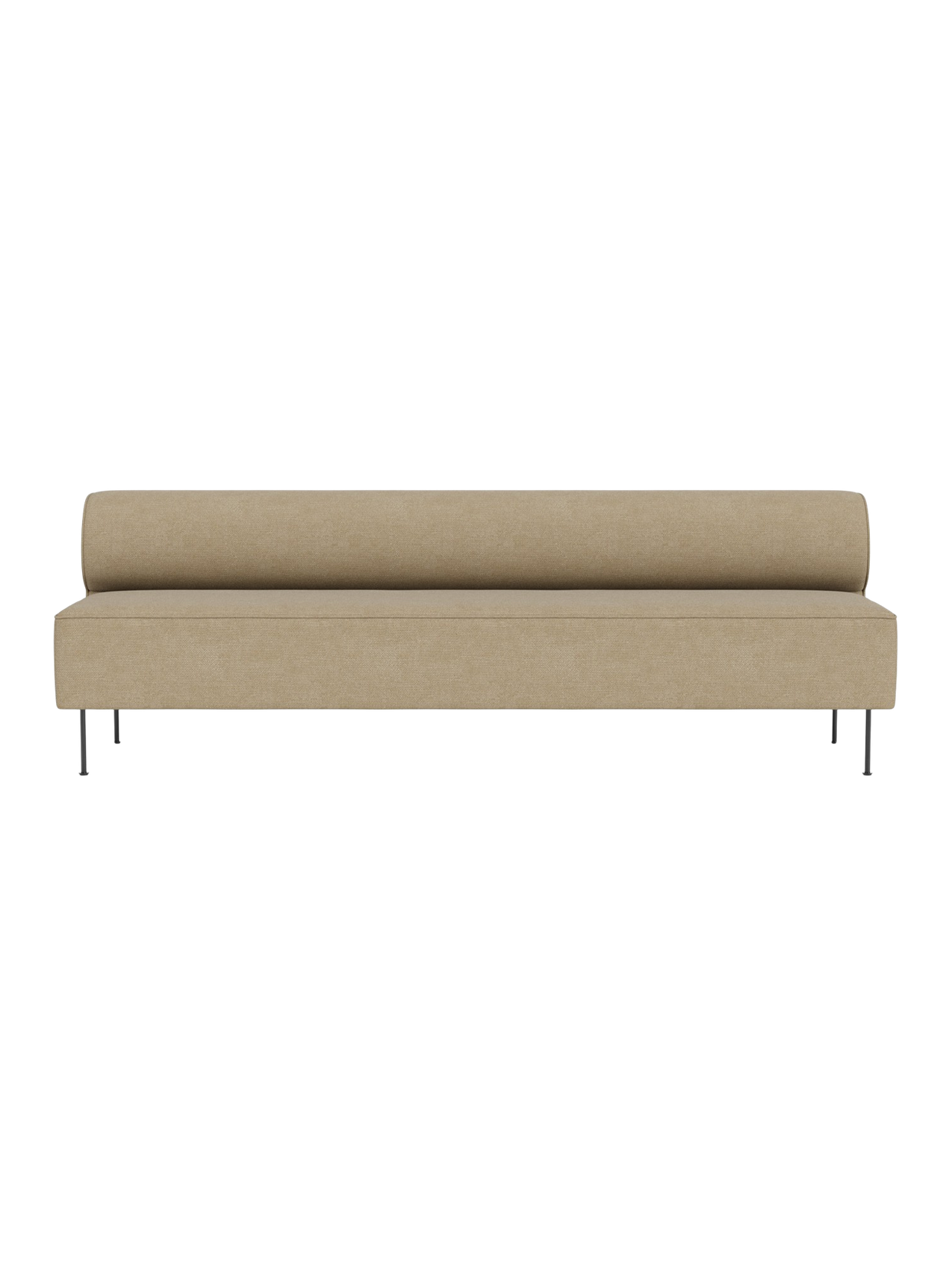 A front view of the Eave Dining Sofa in a light beige Audo Bouclé 02 fabric, featuring a low backrest and slender metal legs.