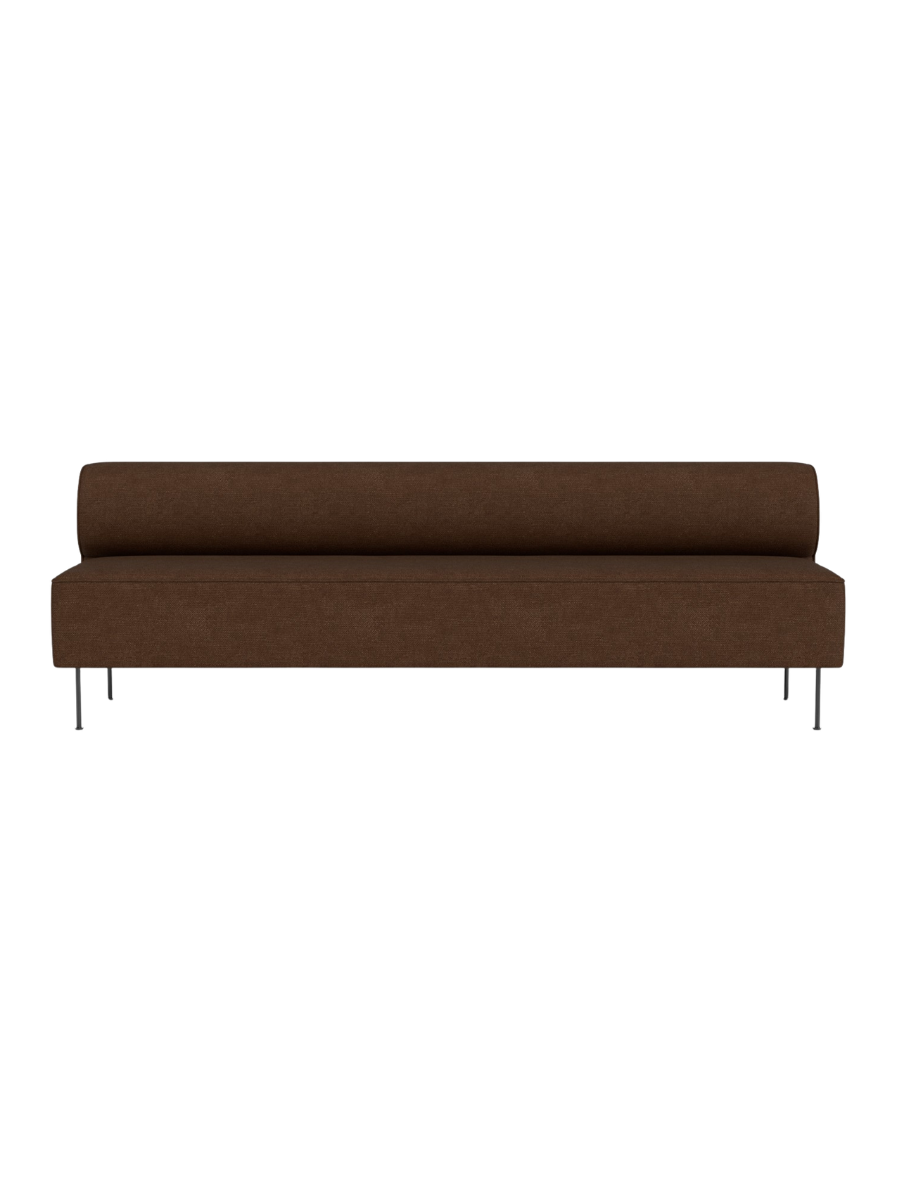 Front view of the Eave Dining Sofa. The long, minimalist sofa is upholstered in brown textured fabric with slim metal legs.