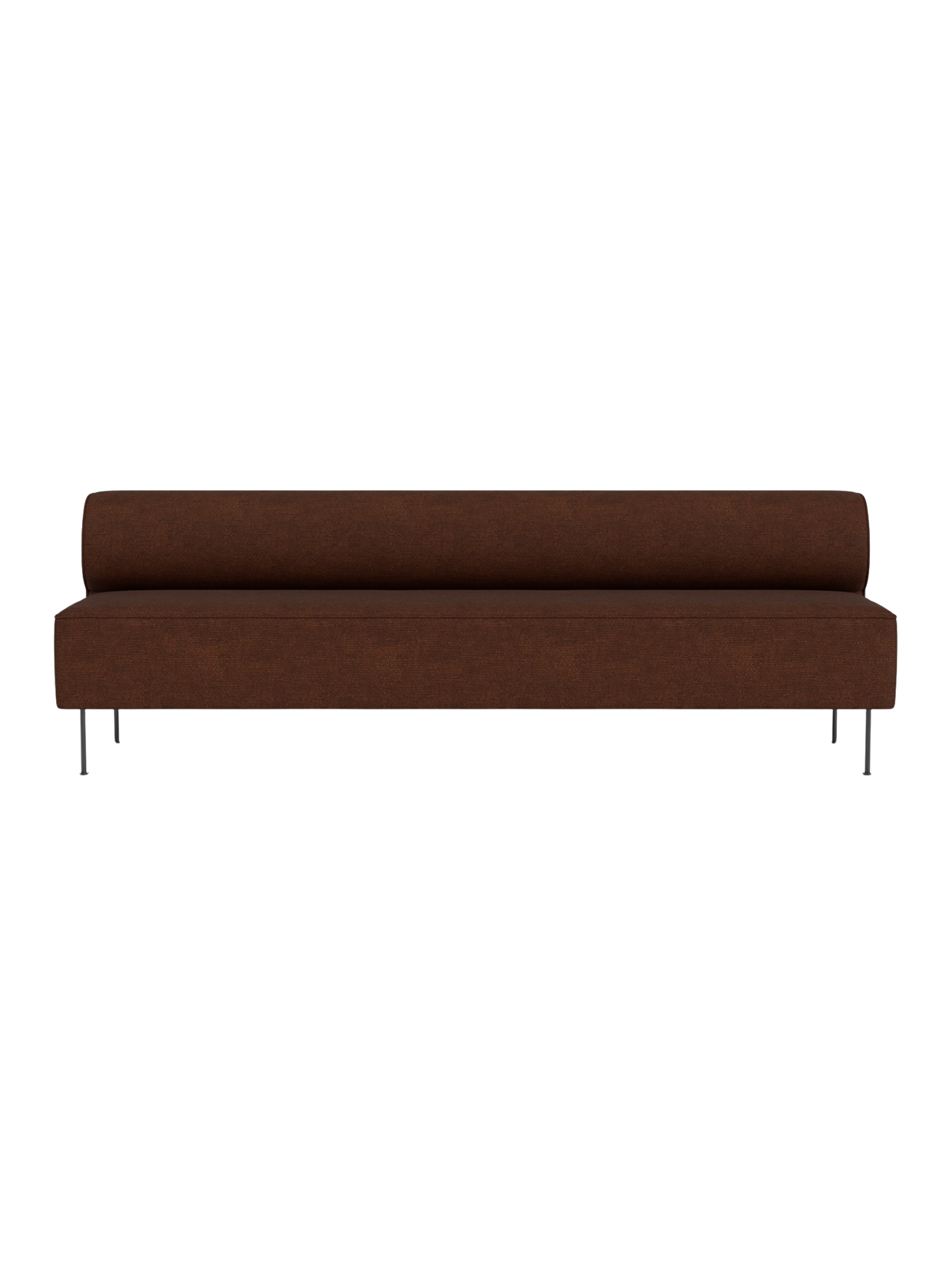 Front view of the Eave Dining Sofa, a long, minimalist sofa in textured brown fabric with a low back and thin legs.