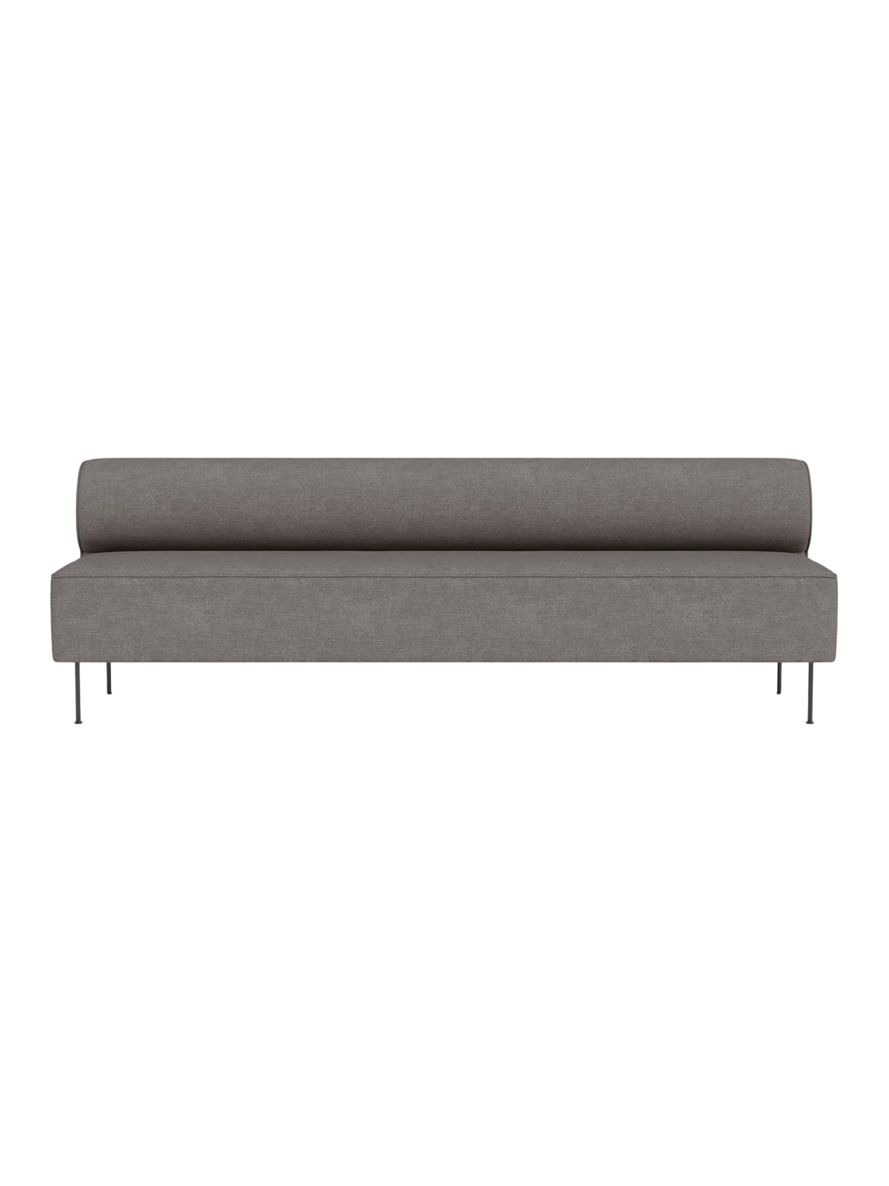 Front view of the Eave Dining Sofa in grey Audo Bouclé 16 fabric, showing its long, low profile and slender metal legs.