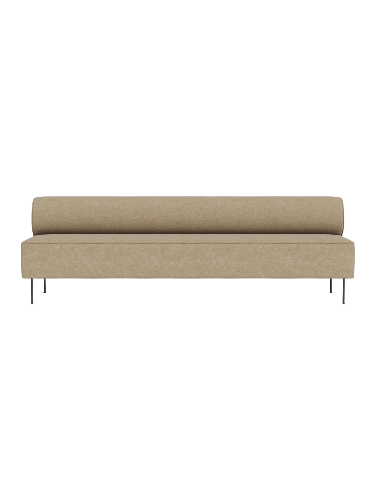Front view of the Eave Dining Sofa, an open section module, upholstered in a light brown fabric with slender metal legs.