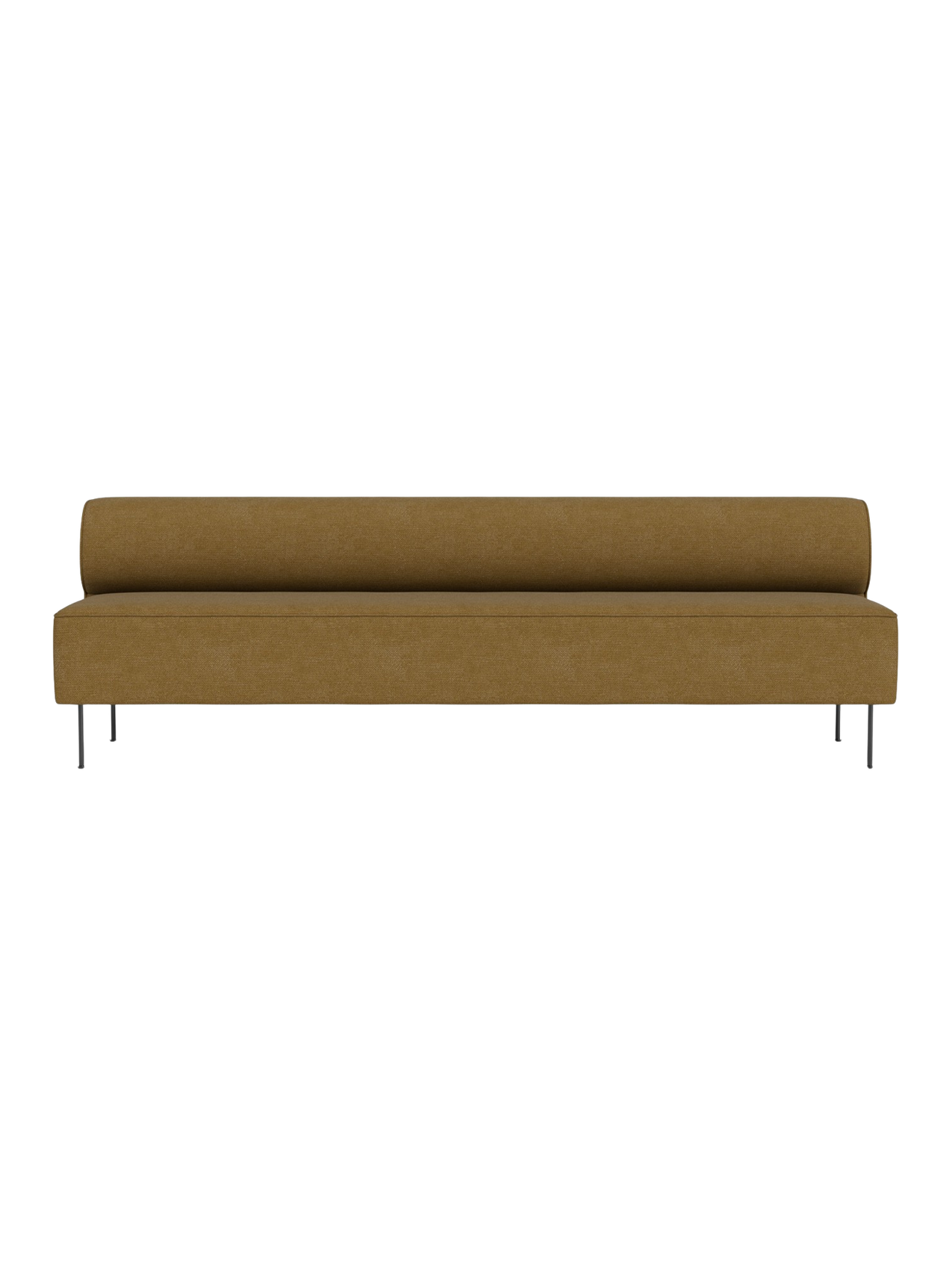 A front view of the Eave Dining Sofa, Open section modules, in a mustard-coloured fabric with thin, dark metal legs.