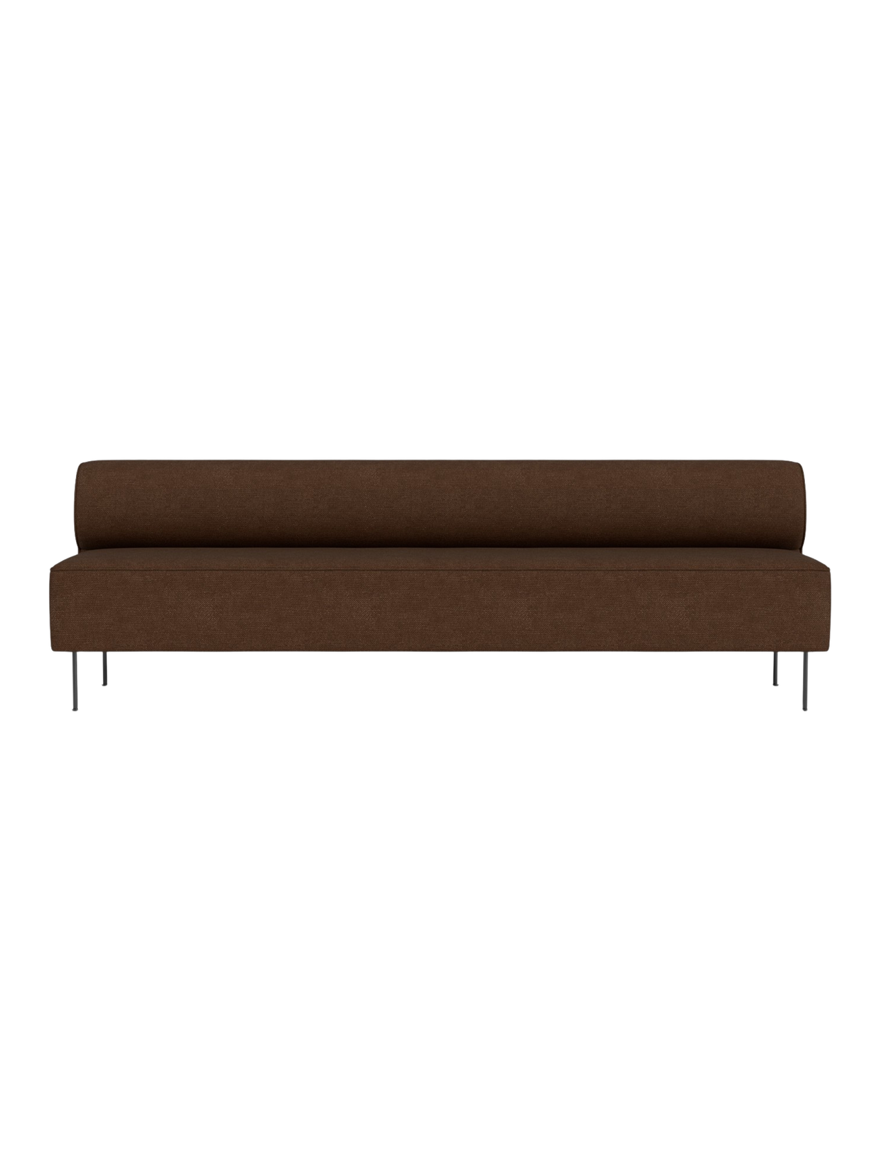 Front view of the Eave Dining Sofa, an open section module in brown fabric with a long, low profile on thin metal legs.