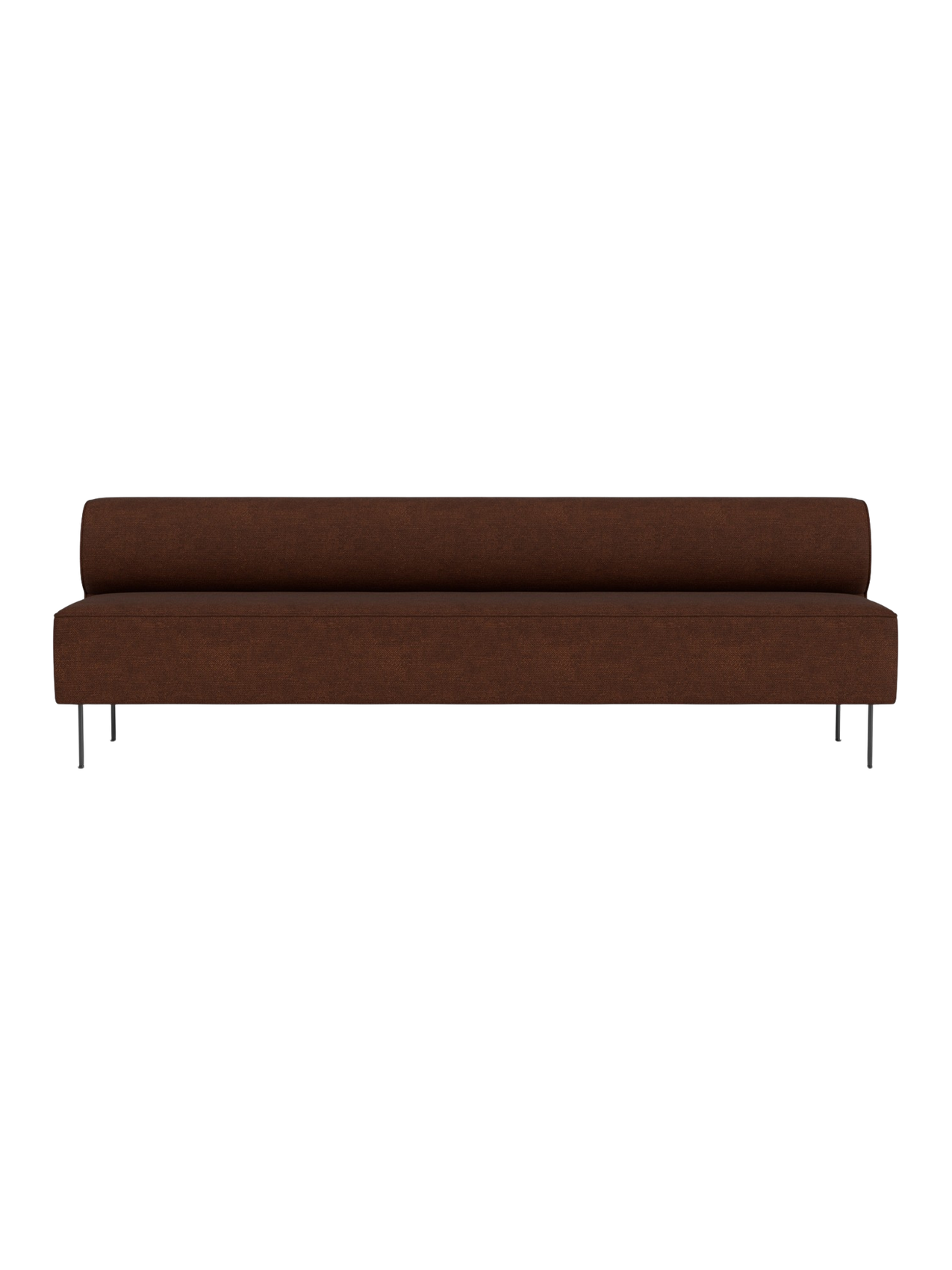 Front view of the brown Eave Dining Sofa. The long, minimalist sofa features a low back and slender, dark metal legs.