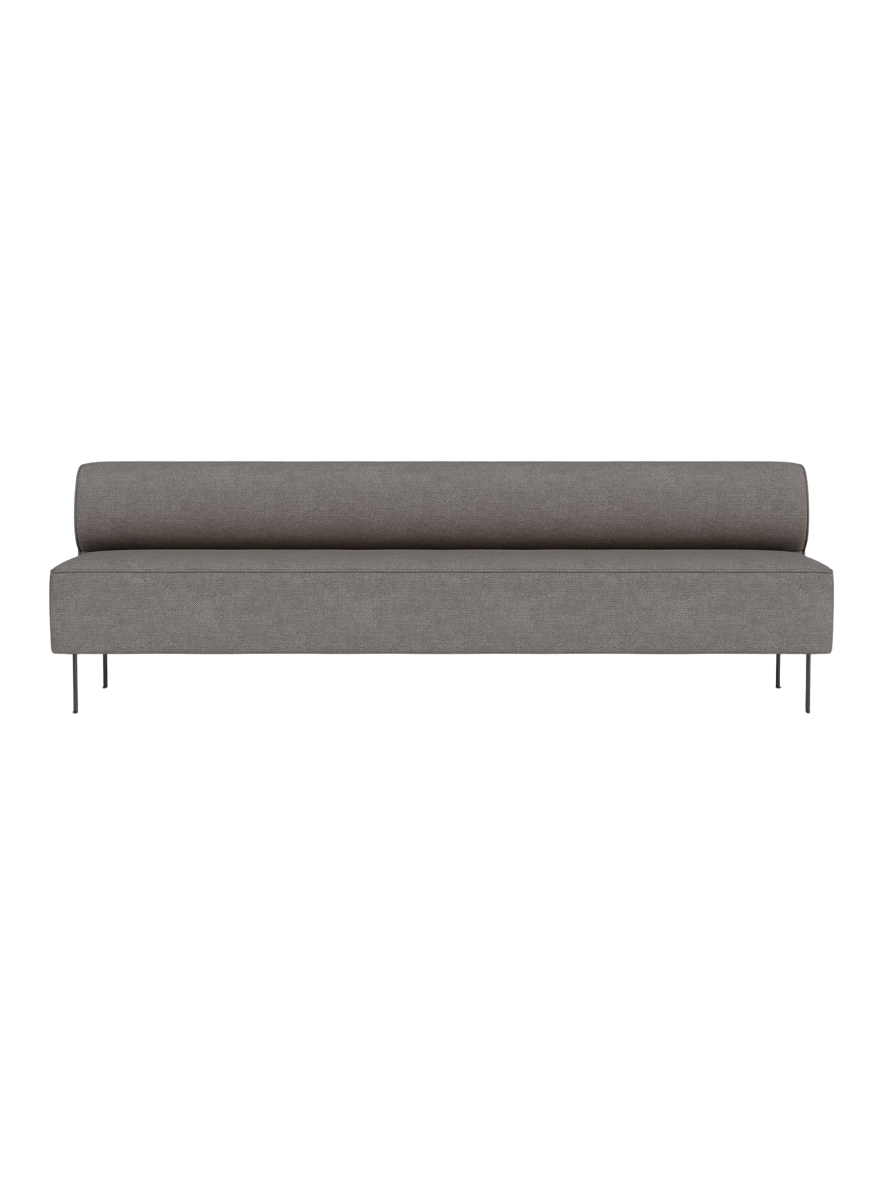 Front view of the Eave Dining Sofa in grey Audo Bouclé 16 fabric, a long minimalist banquette with a low back on slim legs.