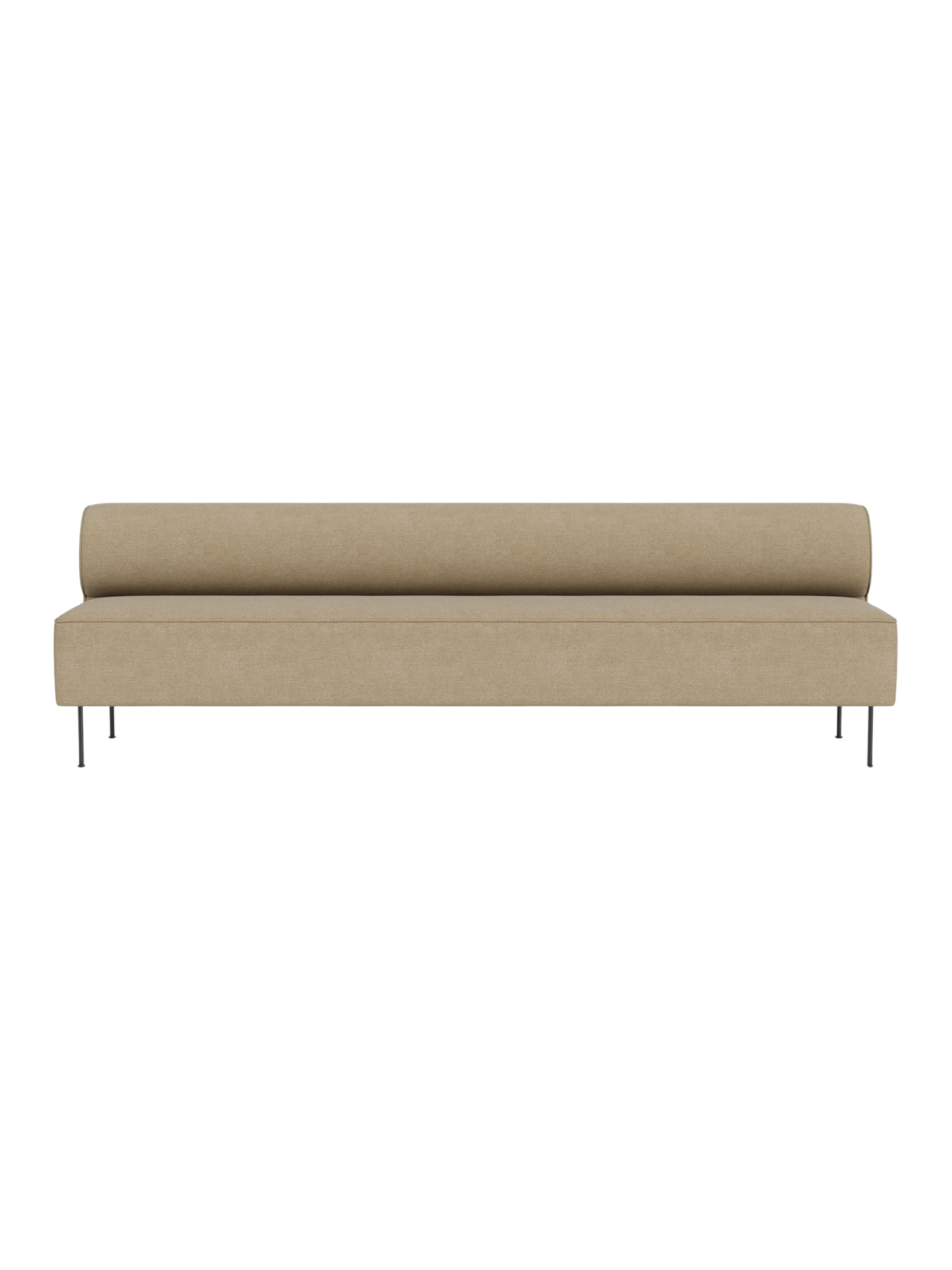Front view of the Eave Dining Sofa in sandy beige. The minimalist design has a cylindrical backrest and thin black legs.