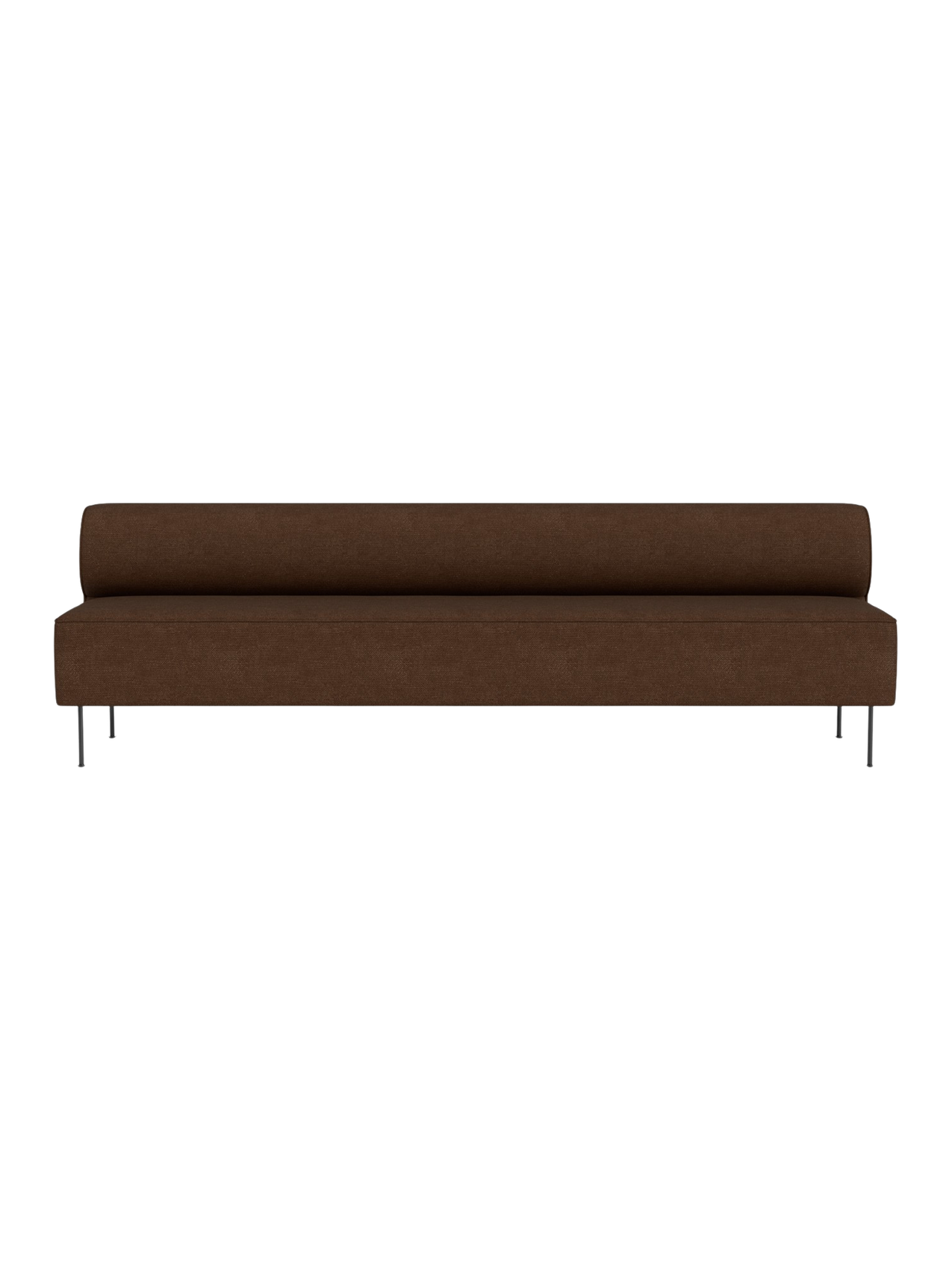 A front-facing image of the Eave Dining Sofa, an open section module, in a textured brown fabric with thin metal legs.