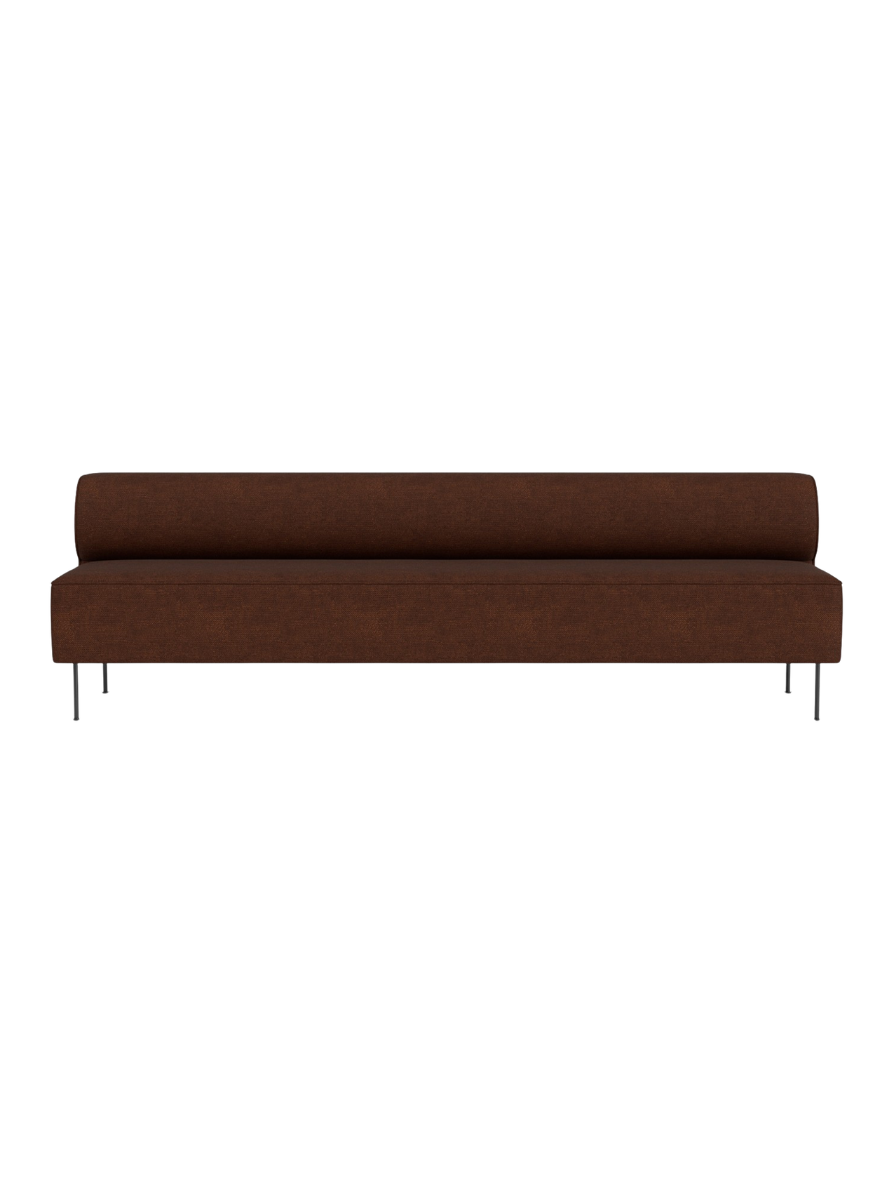Eave Dining Sofa, Open section modules. The long, minimalist sofa is upholstered in brown fabric with slender metal legs.