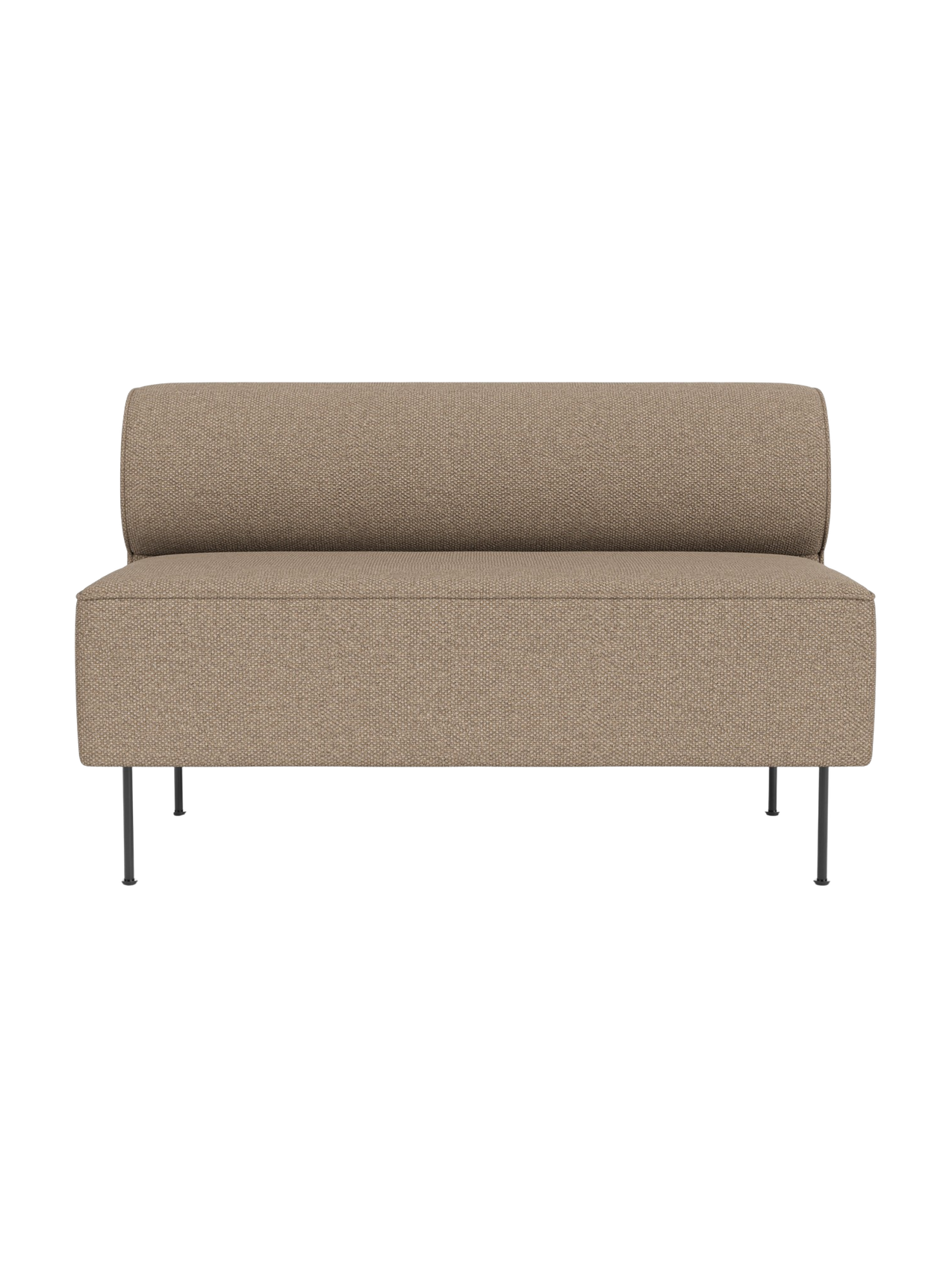 Eave Dining Sofa in Logan Flint, a light brown textured fabric. The minimalist sofa features a bolster back and slim legs.