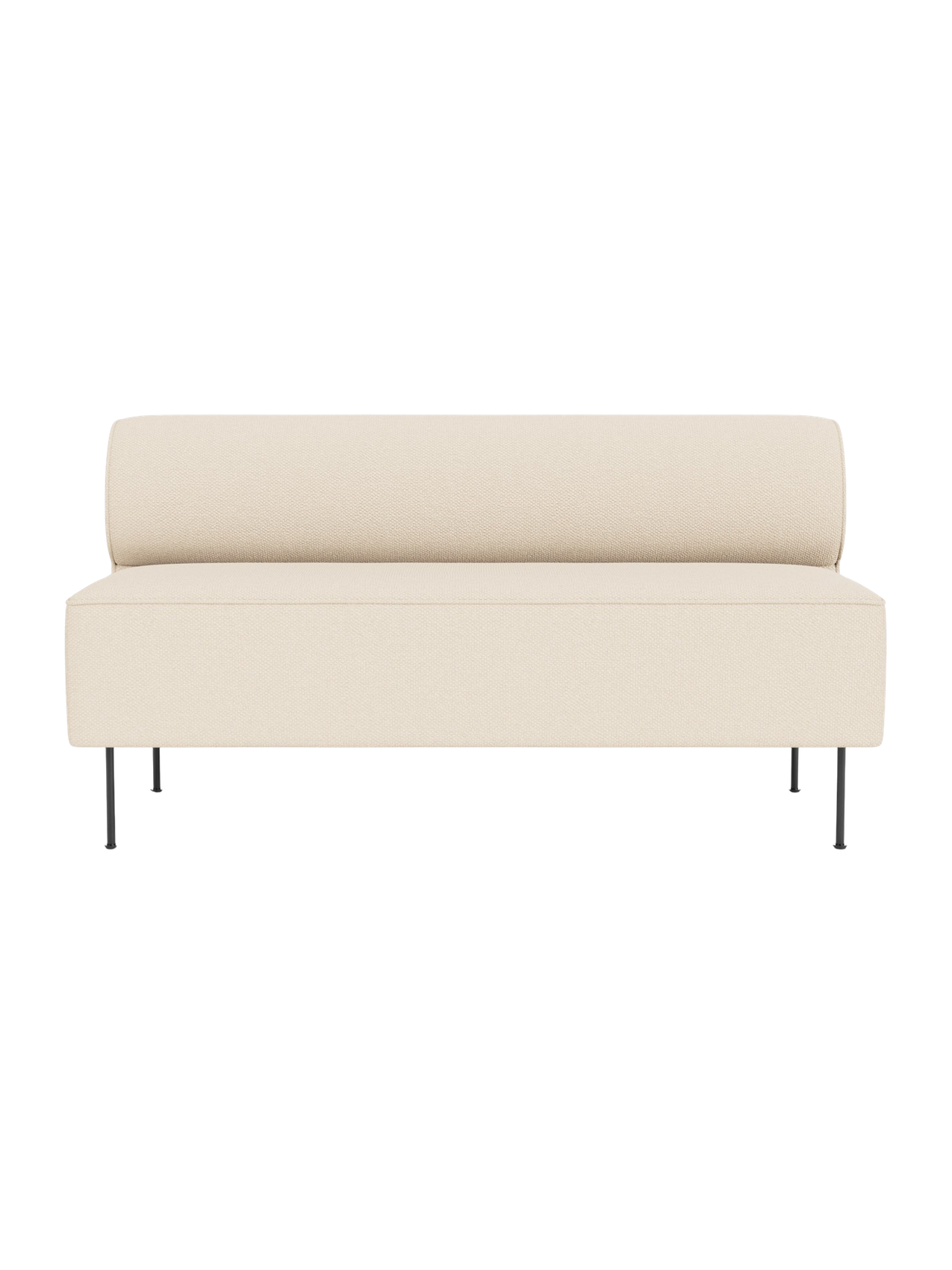 Front view of the Eave Dining Sofa in light cream Logan Jasmine fabric, with a rounded backrest and slender black legs.