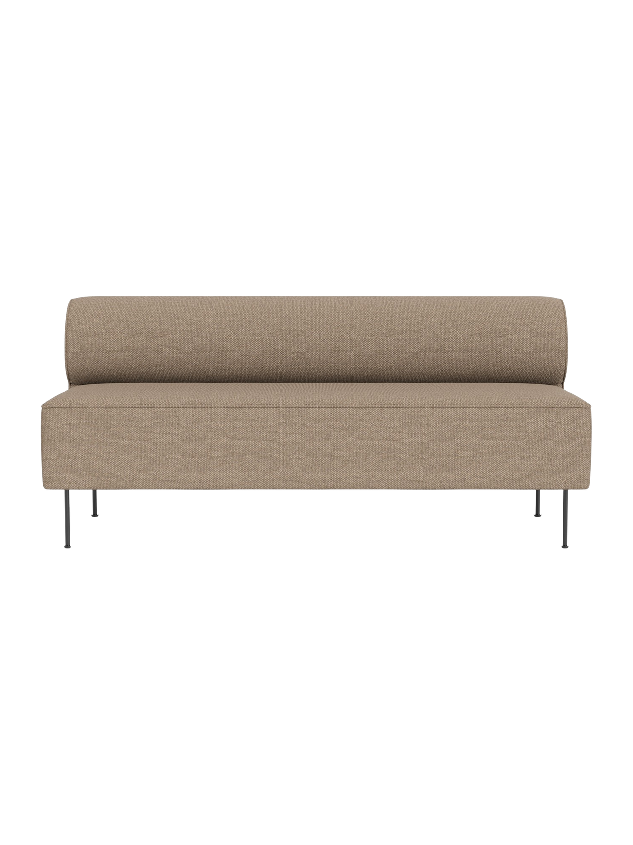 Front view of the Eave Dining Sofa in Logan Flint, a light brown textured fabric with a long seat and cylindrical backrest.