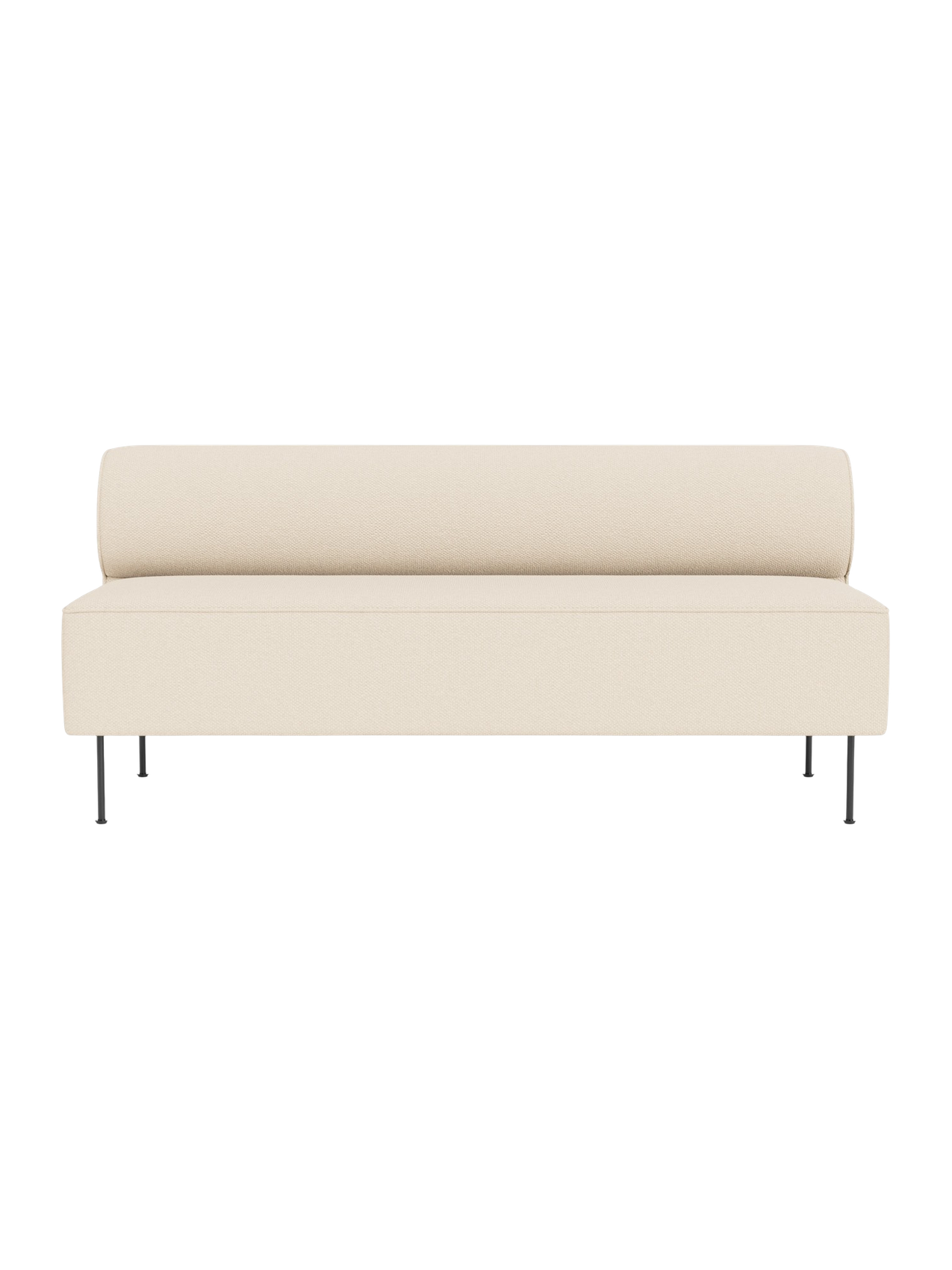 Front view of the Eave Dining Sofa in light Logan Jasmine, featuring a long seat, rounded backrest, and slim black legs.