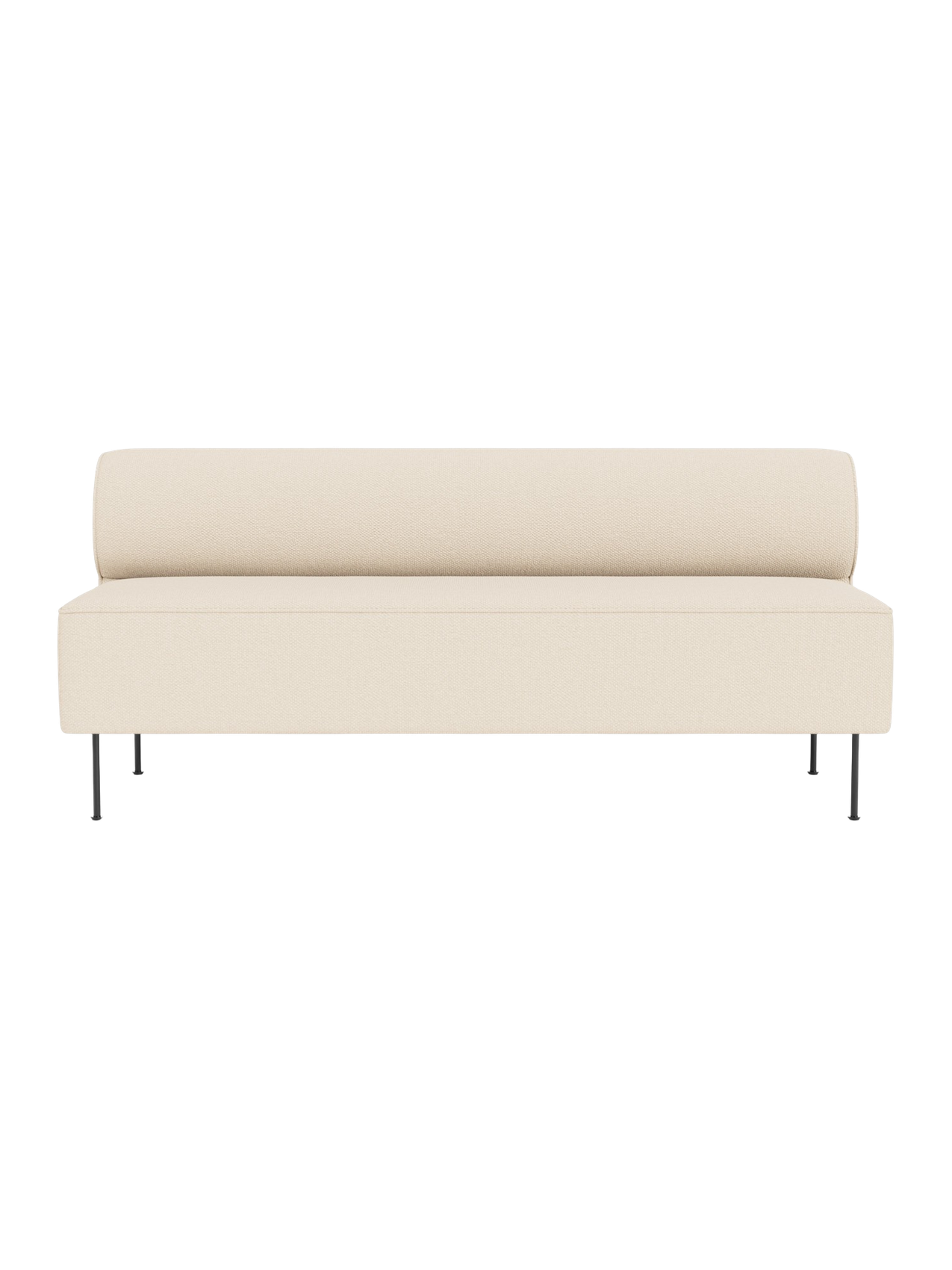 Front view of the Eave Dining Sofa in light cream Logan Jasmine fabric, showing its minimalist design and slender metal legs.