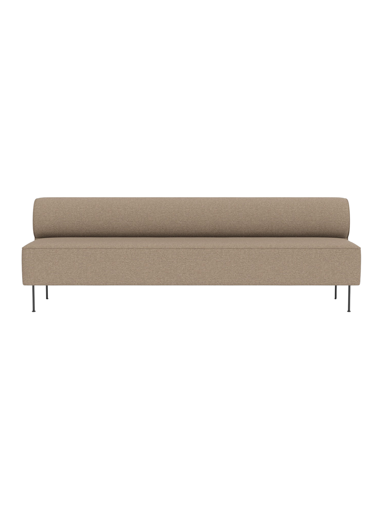 Front view of the Eave Dining Sofa in light brown Logan Flint fabric, featuring a minimalist design, low back and thin legs.