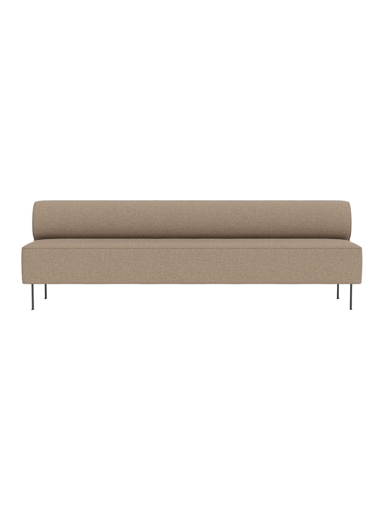 A front view of the Eave Dining Sofa in Logan Flint, a long light brown sofa with a low back and thin metal legs.