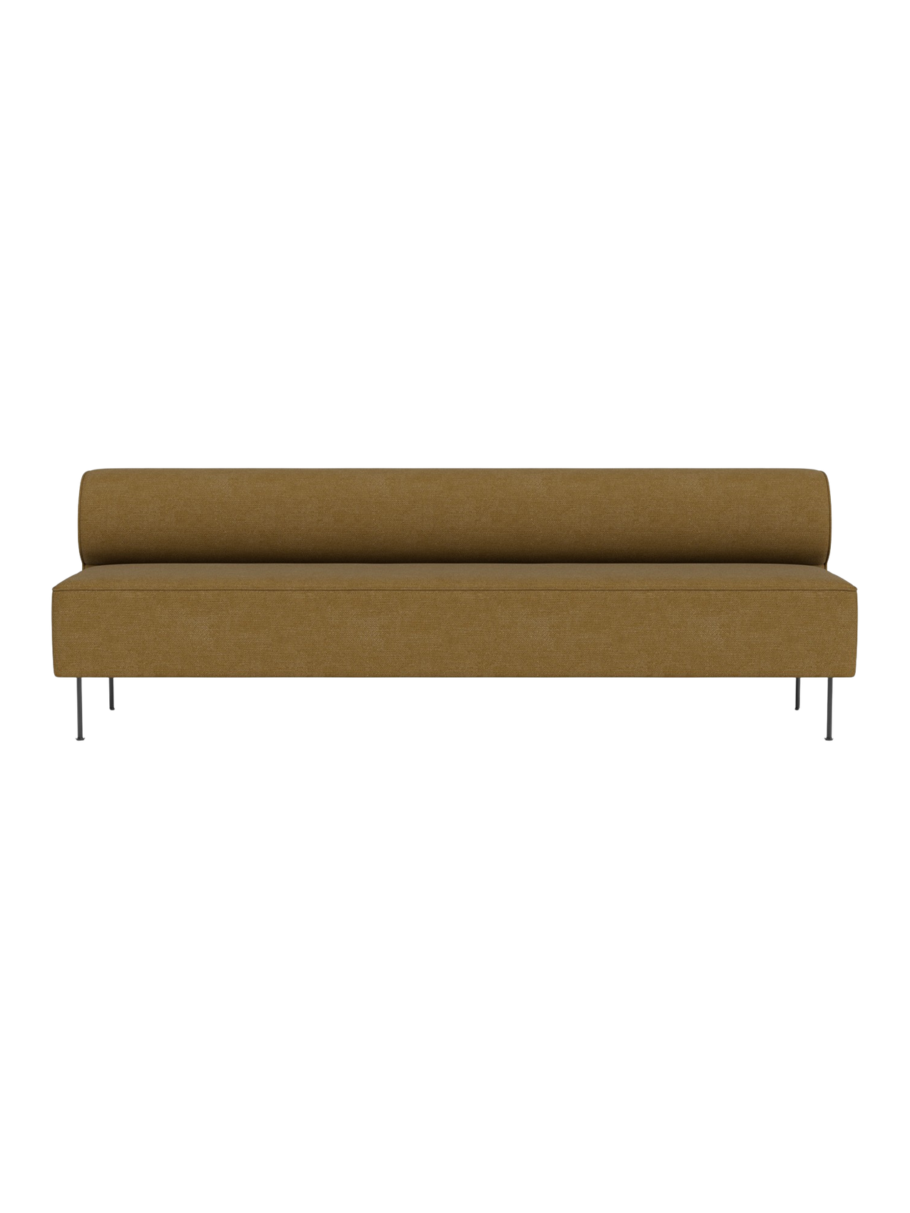 Front view of Eave Dining Sofa in brownish-mustard upholstery. A minimalist banquette with a low back and slim metal legs.