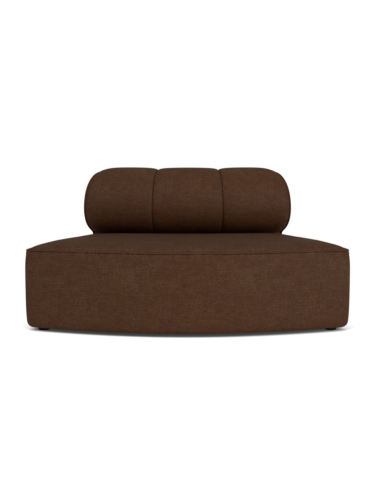 Front view of the Eave Seamline Modular Sofa, a convex open section upholstered in textured, dark brown Audo Bouclé fabric.