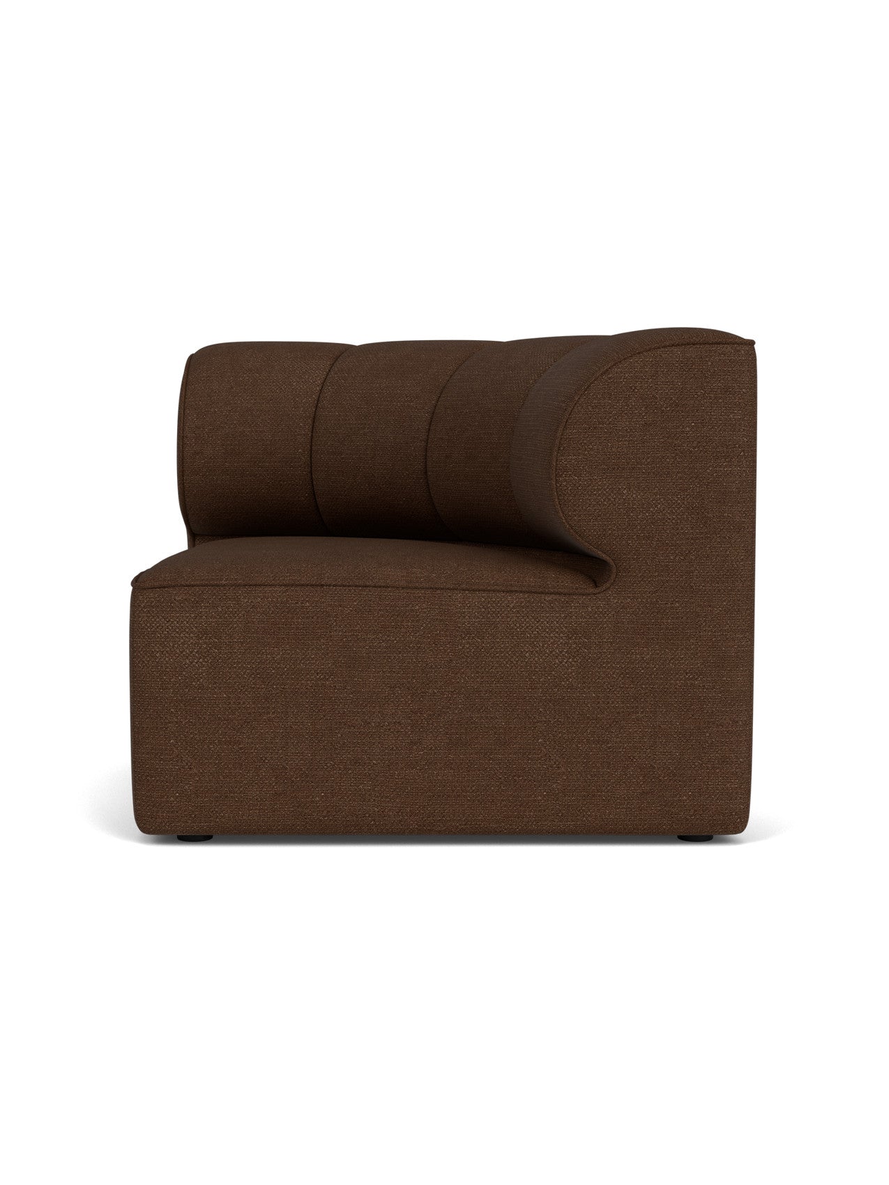 A right-side view of the Eave Seamline Modular Sofa's Concave Corner module in a textured, dark brown Audo Bouclé 07 fabric.