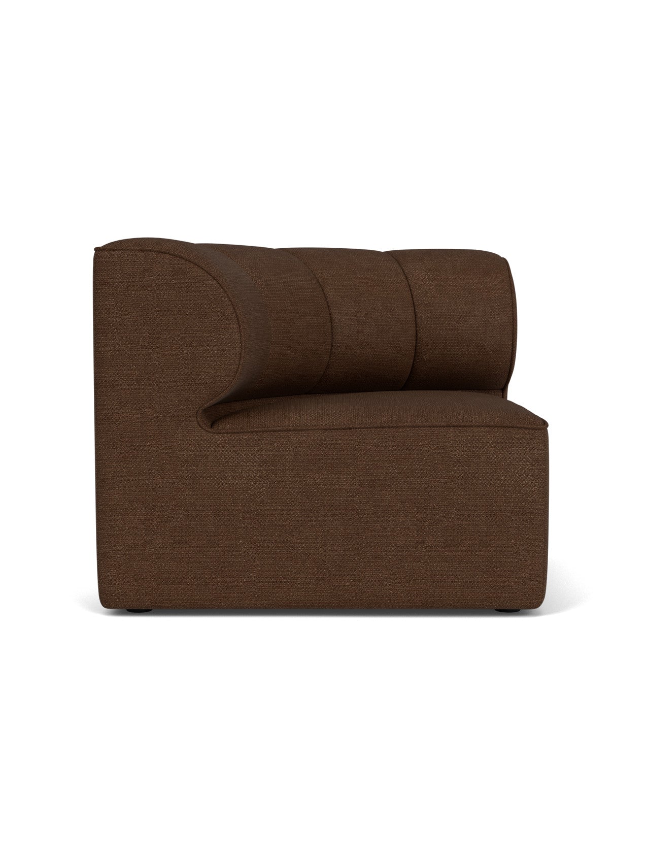 Left side view of the brown Eave Seamline Modular Sofa corner module, showing its curved backrest and textured bouclé fabric.