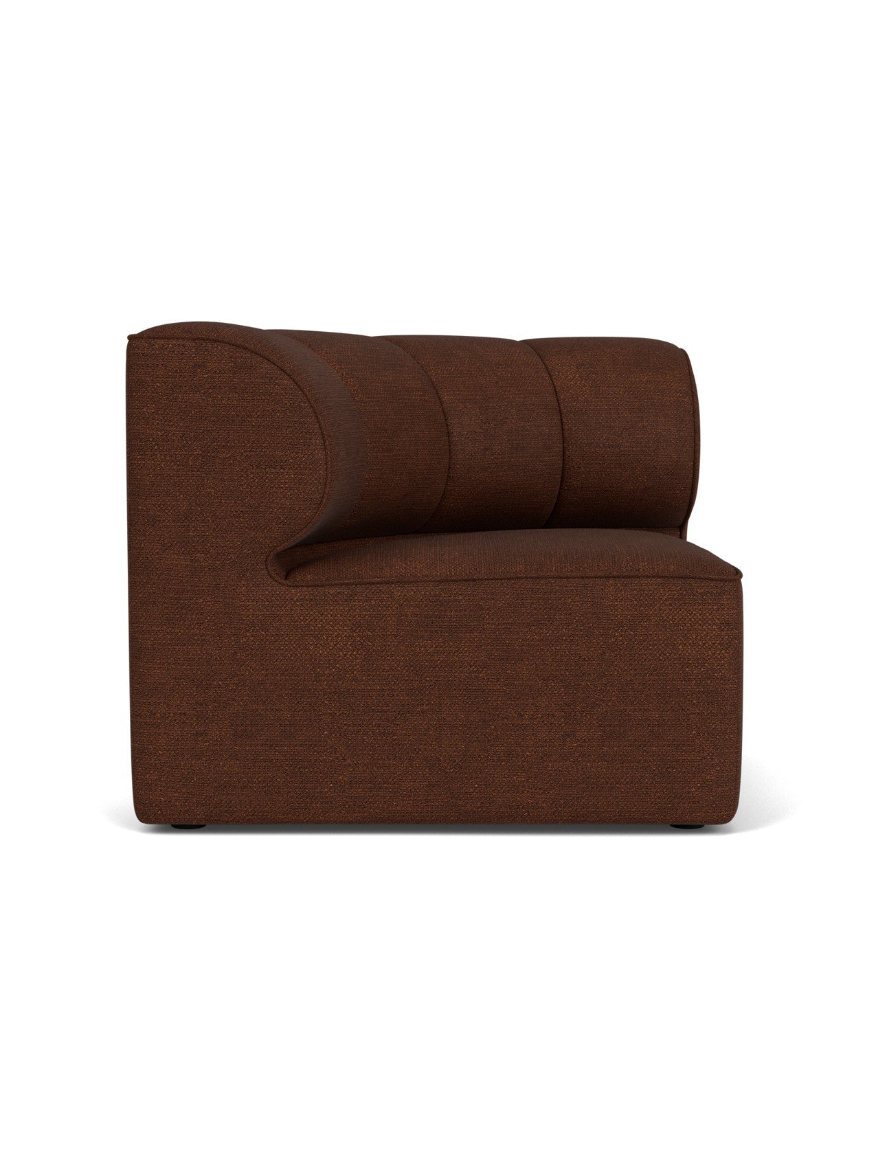 A left-hand Eave Seamline Modular Sofa, 86, Concave Corner module upholstered in a textured brown Audo Bouclé 08 fabric.
