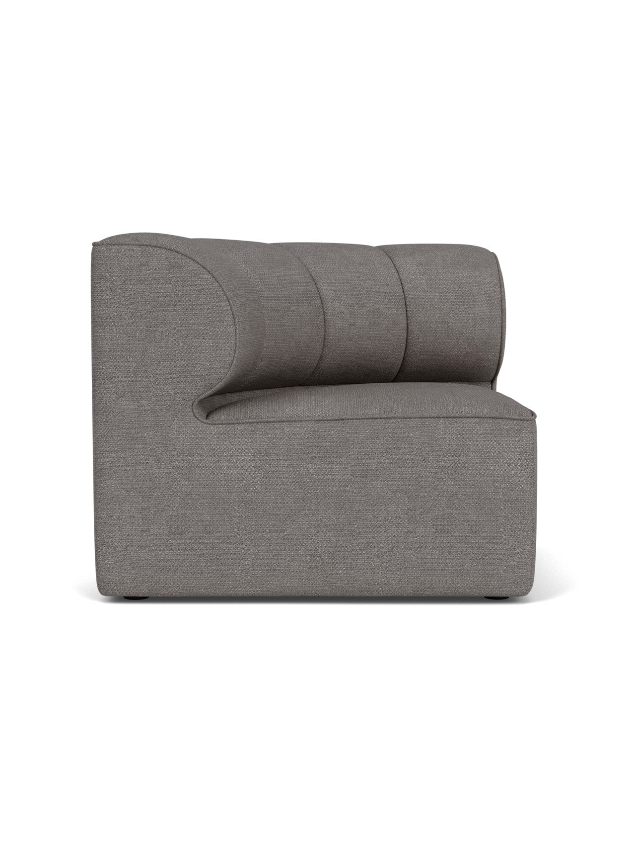 A left side view of the Eave Seamline Modular Sofa, Concave Corner module, upholstered in a textured grey bouclé fabric.