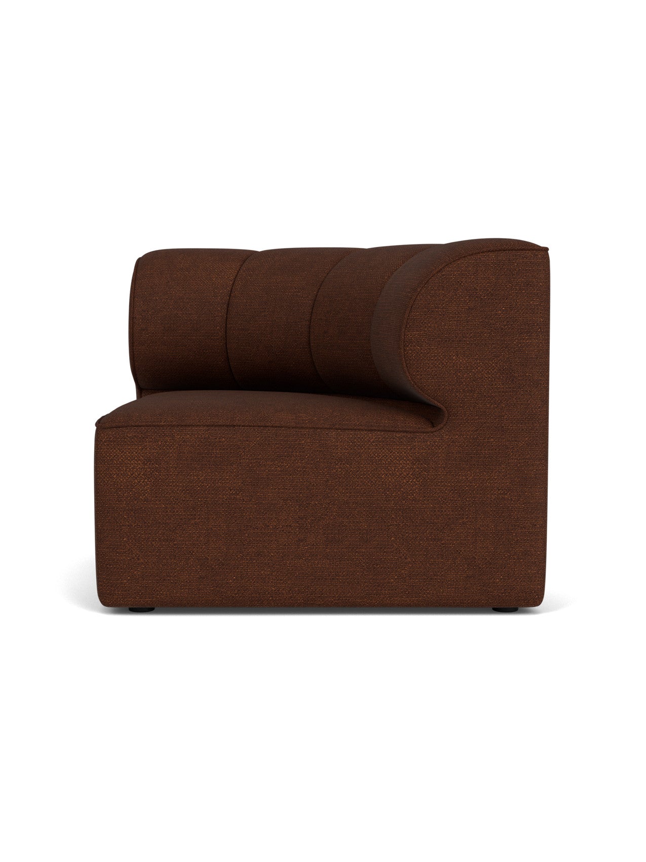 Eave Seamline Modular Sofa's concave corner module in dark brown bouclé fabric, viewed from the right.