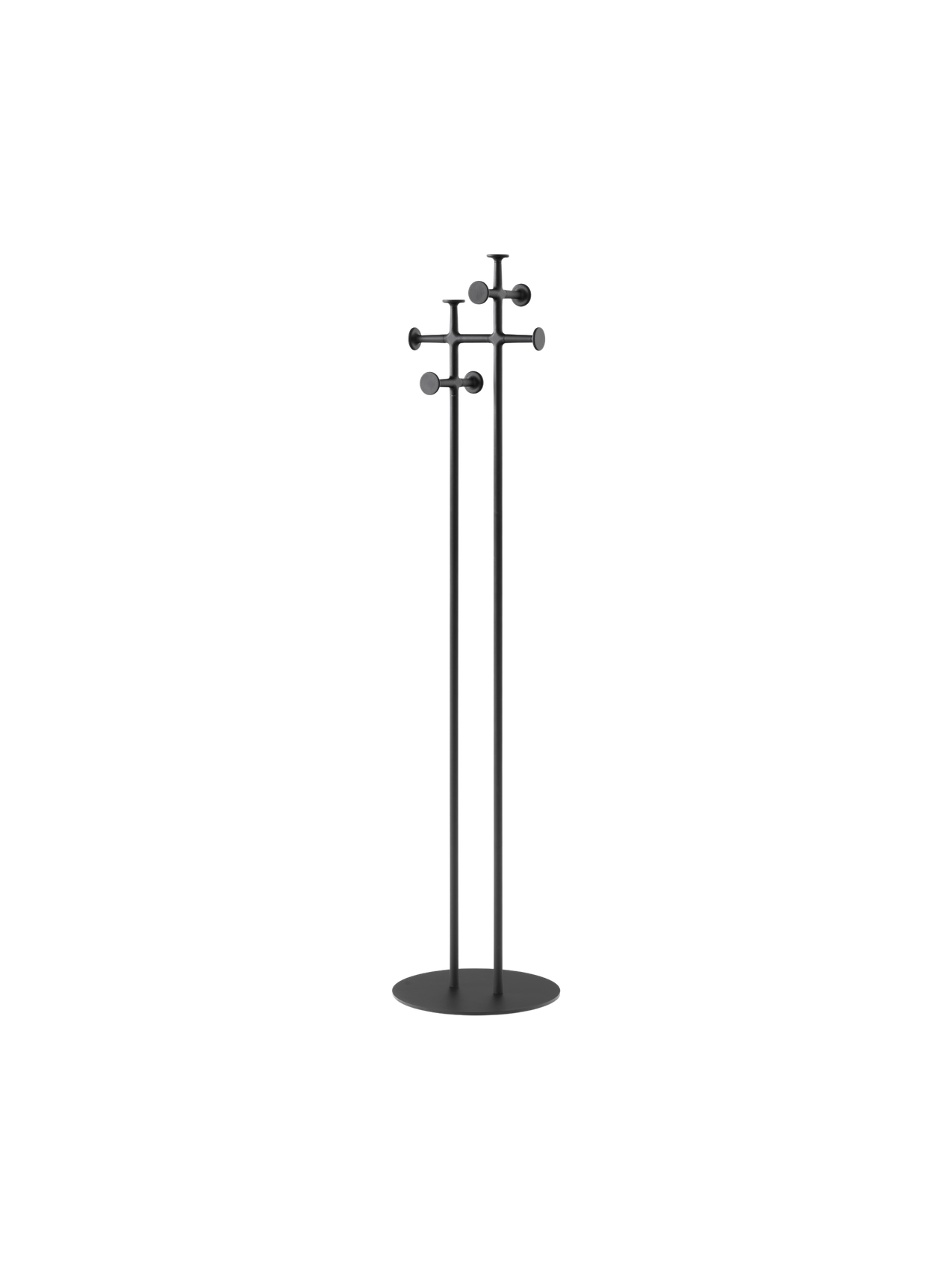 A minimalist black coat stand with a flat circular base, two tall vertical poles, and clusters of round hooks at the top.